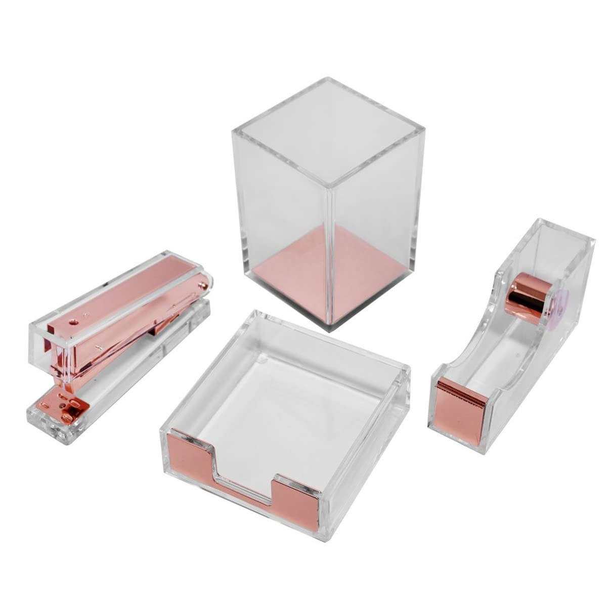 JJYGW Clear Acrylic Gold Tape Dispenser Stapler with Staples & Pen Holder - Rose Gold Office Supplies Set | Desktop Organizer for Stationery, Paper Clips & Office Accessories | Perfect for Home Office, School & Workspace Organization