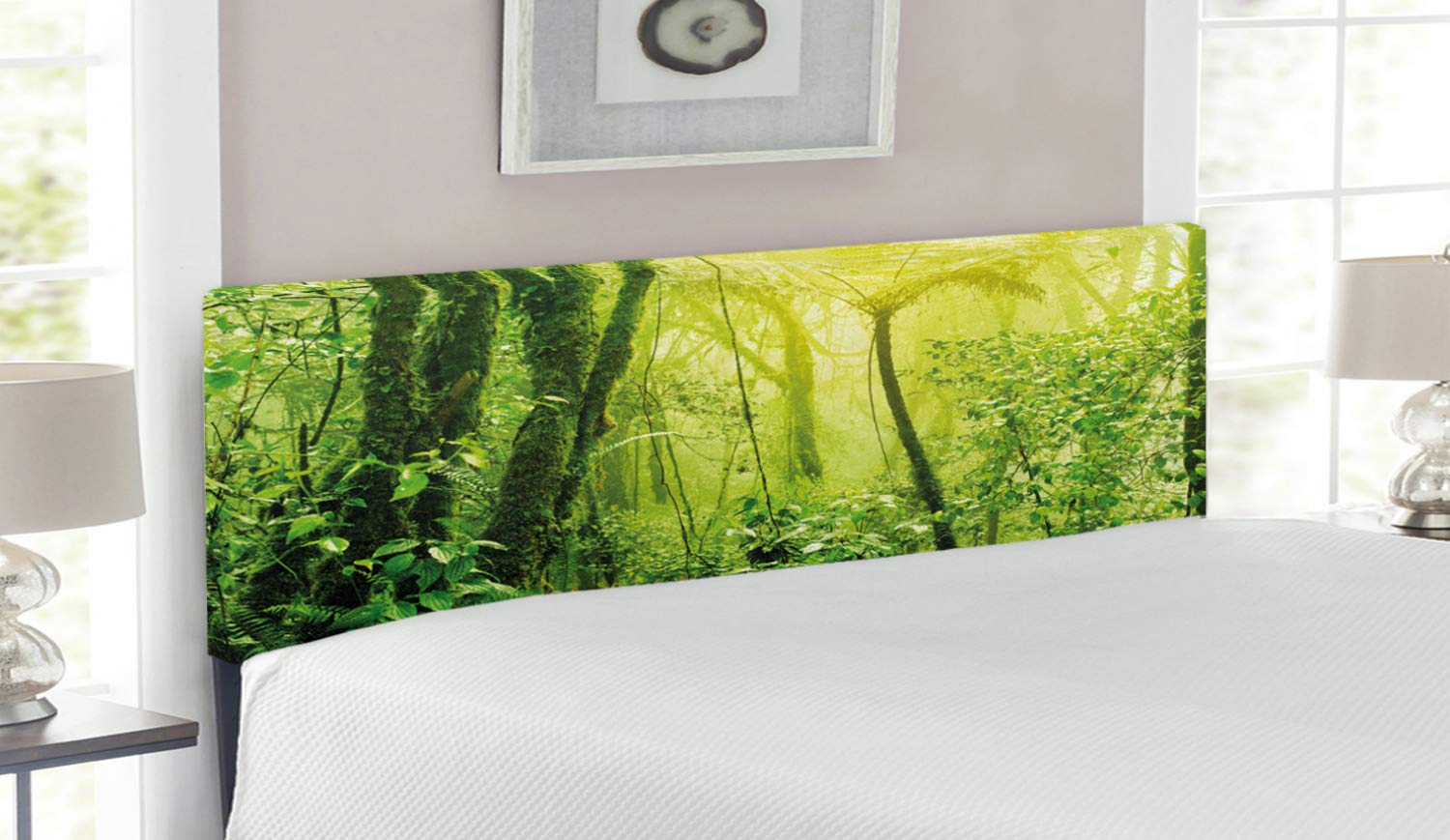 Ambesonne Queen Size Upholstered Headboard - Tropical Amazon Wildlife Forest Design with Tree Art, Memory Foam Padding, Decorative Metal Frame in Forest Green & Pale Green | Perfect for Bedroom Decor, Guest Rooms & Nature-Themed Interiors