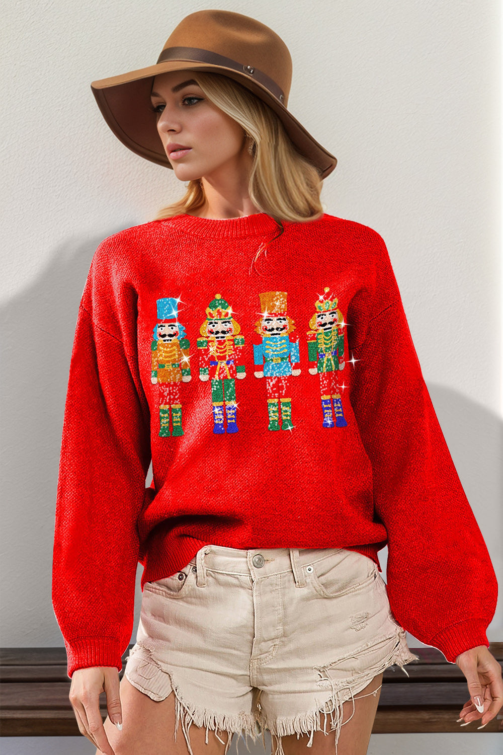 Sparkly Full Size Sequin Nutcracker Christmas Sweater - Long Sleeve Holiday Pullover for Women, Perfect for Xmas Parties & Festive Family Gatherings