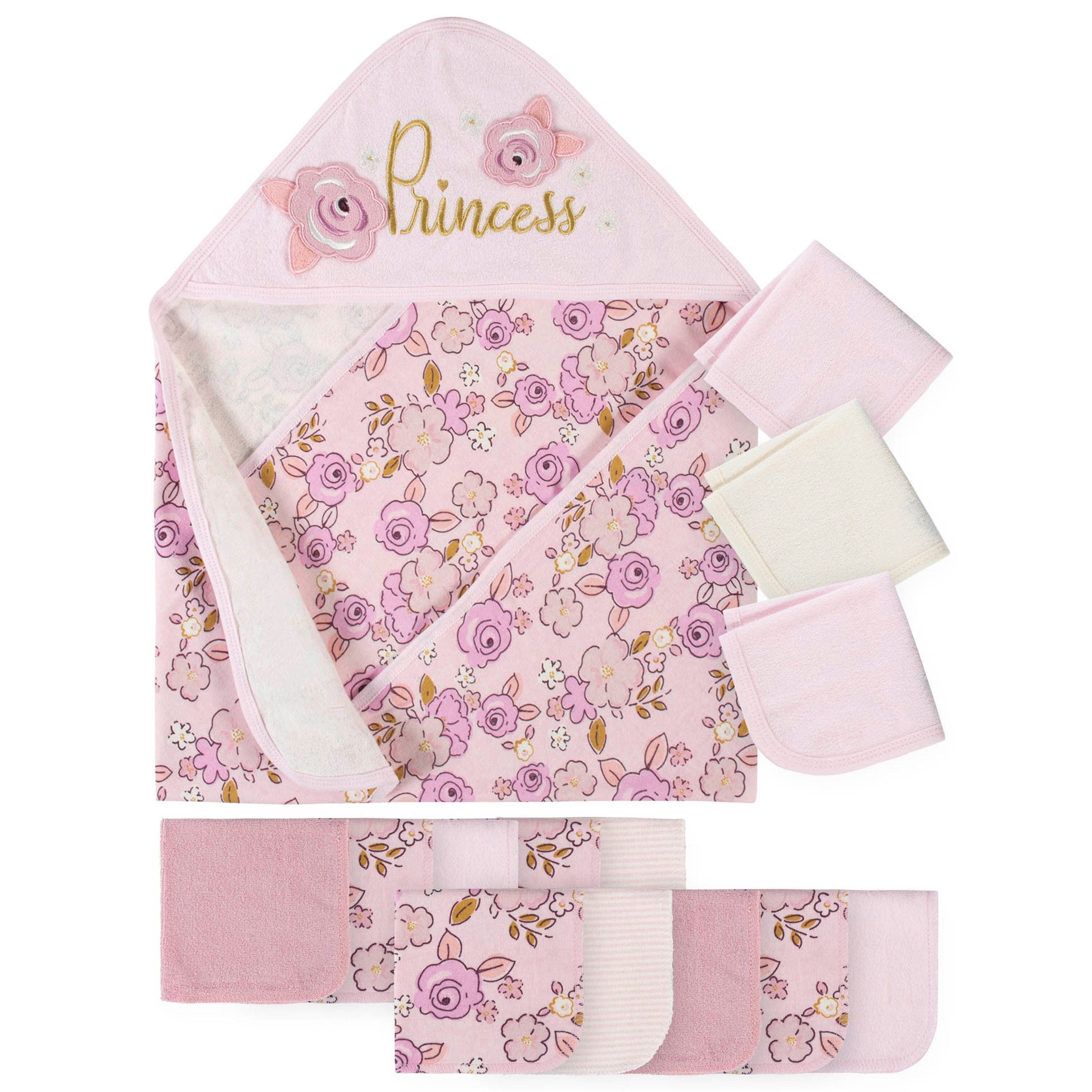 14-Piece Girls Princess Hooded Bath Towel & Washcloths Set - Soft & Absorbent Kids Bath Accessories for Spa Day, Pool Party & Beach Fun