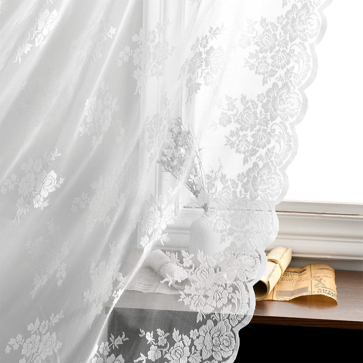 Kotile Vintage White Lace Curtains 52x45 Inch - 2 Panels Rod Pocket Sheer Kitchen Window Curtains with Country Floral Design | Perfect for Farmhouse, Cottage & French Country Home Decor