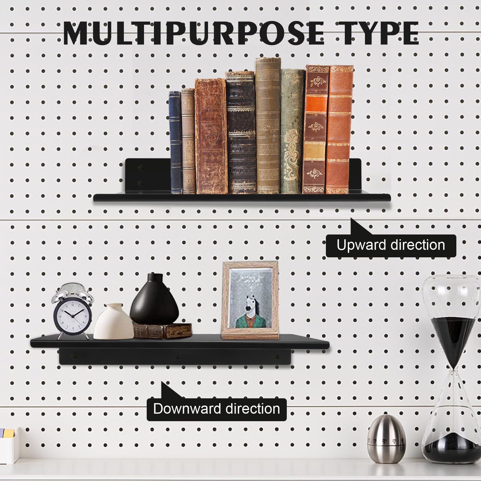 Heavy Duty Steel Pegboard Shelves - 16 x 7 Inch Wall Mounted Floating Shelves (4 Pack Black) - Perfect for Bathroom, Bedroom, Kitchen & Garage Organization - Ideal for Storing Tools, Spices, Decor & More