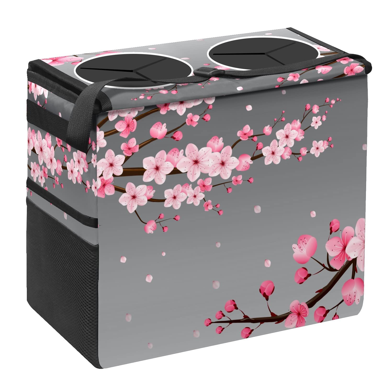 Medium-Sized Leak-Proof Waterproof Car Trash Can with Lid - Pink Cherry Blossom Design, Foldable & Portable Headrest Trash Bag with Storage Mesh - Perfect for Road Trips, Commuting & Keeping Your Vehicle Clean