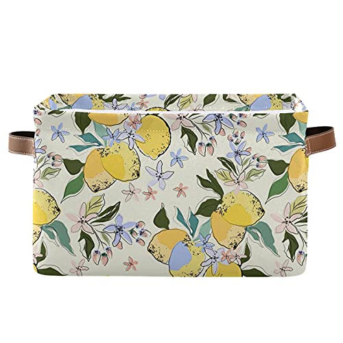 Colorful Lemons & Flowers Collapsible Storage Basket with PU Handles - Waterproof Nursery Laundry Organizer (2 Pack) - Perfect for Kids' Room, Bathroom & Home Organization