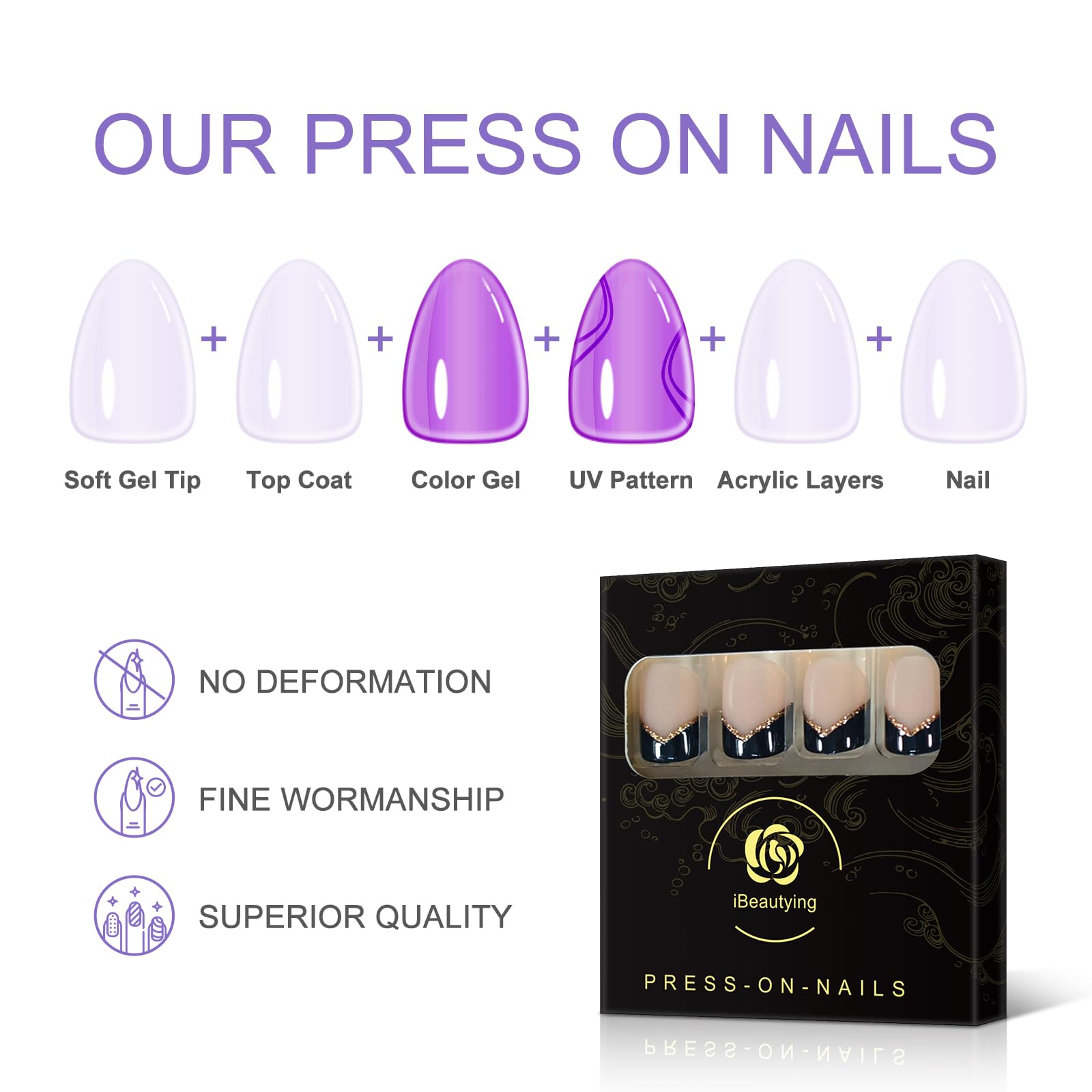 Shimmer Golden Glitter Black French Press On Nails - 24pcs Short Squoval Fake Nails with UV Gel Finish & Jelly Glue Pad - Reusable False Nails Kit in 10 Sizes for Parties, Weddings, and Daily Wear