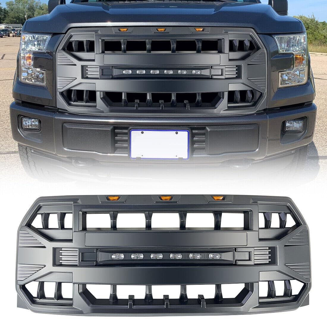 2015-2017 Ford F150 Matte Black Front Bumper Grille Replacement with Off-Road Lights | Durable Truck Grill Upgrade for Off-Roading & Daily Driving