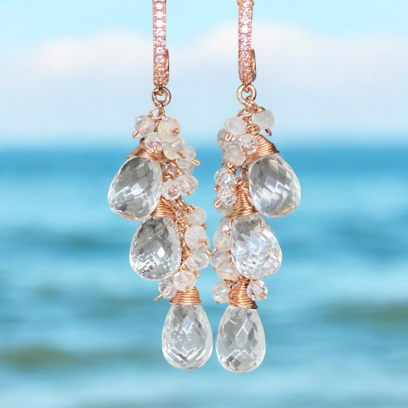 Rose Gold Crystal Quartz Bridal Earrings for Wedding – Elegant Jewelry for Brides, Bridesmaids, and Special Occasions