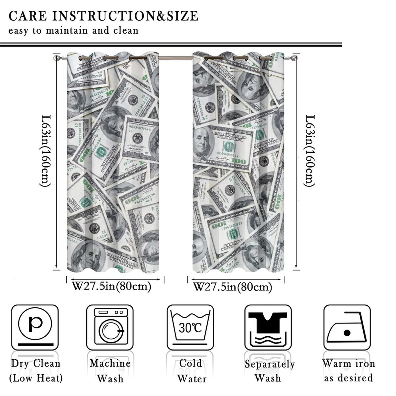 Blackout Window Curtains with Money Print - 100 Dollar Bill Design Thermal Insulated Darkening Curtains for Living Room, Bedroom & Kids Room Decor - 55x63 Inches - Perfect for Privacy, Light Blocking & Energy Savings
