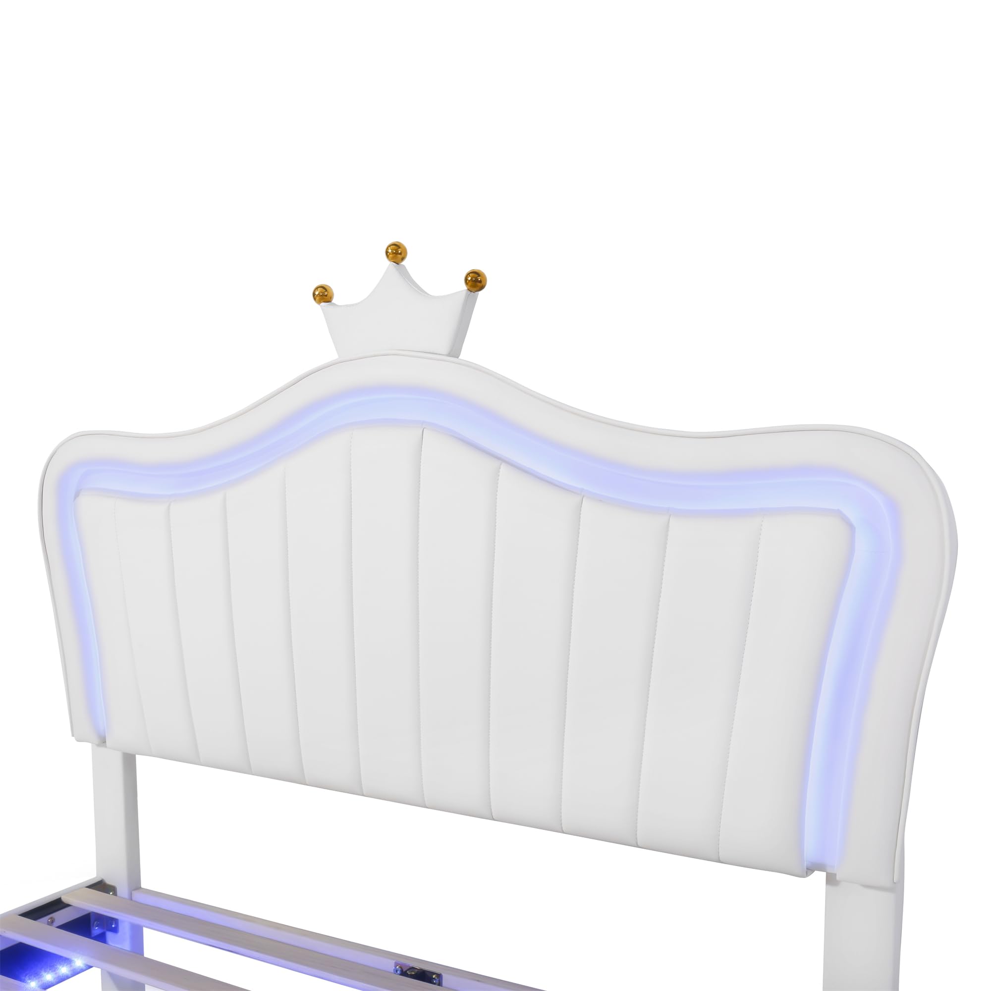 Harper & Bright Designs Full Size Princess Bed with Crown Headboard & LED Lights - PU Upholstered Platform Bed Frame for Kids, Adjustable Headboard, Boys & Girls Bedroom Furniture (White) - Perfect for Princess-Themed Bedrooms, Sleepovers & Kids' Room Decor