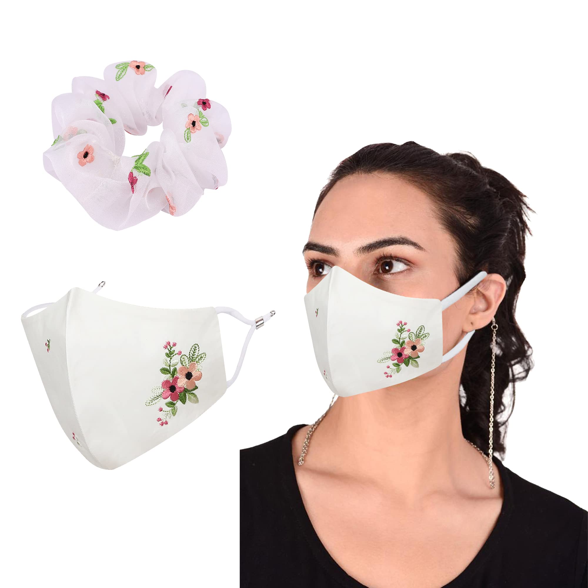 MASQ by Q-One Verbina Embroidered Scrunchie & 4-Layer Cotton Face Mask Set with Detachable Chain for Women - Medium Size (White, 2-Pack) | Fashion Accessory & Protective Mask for Daily Wear, Workouts, and Outdoor Activities