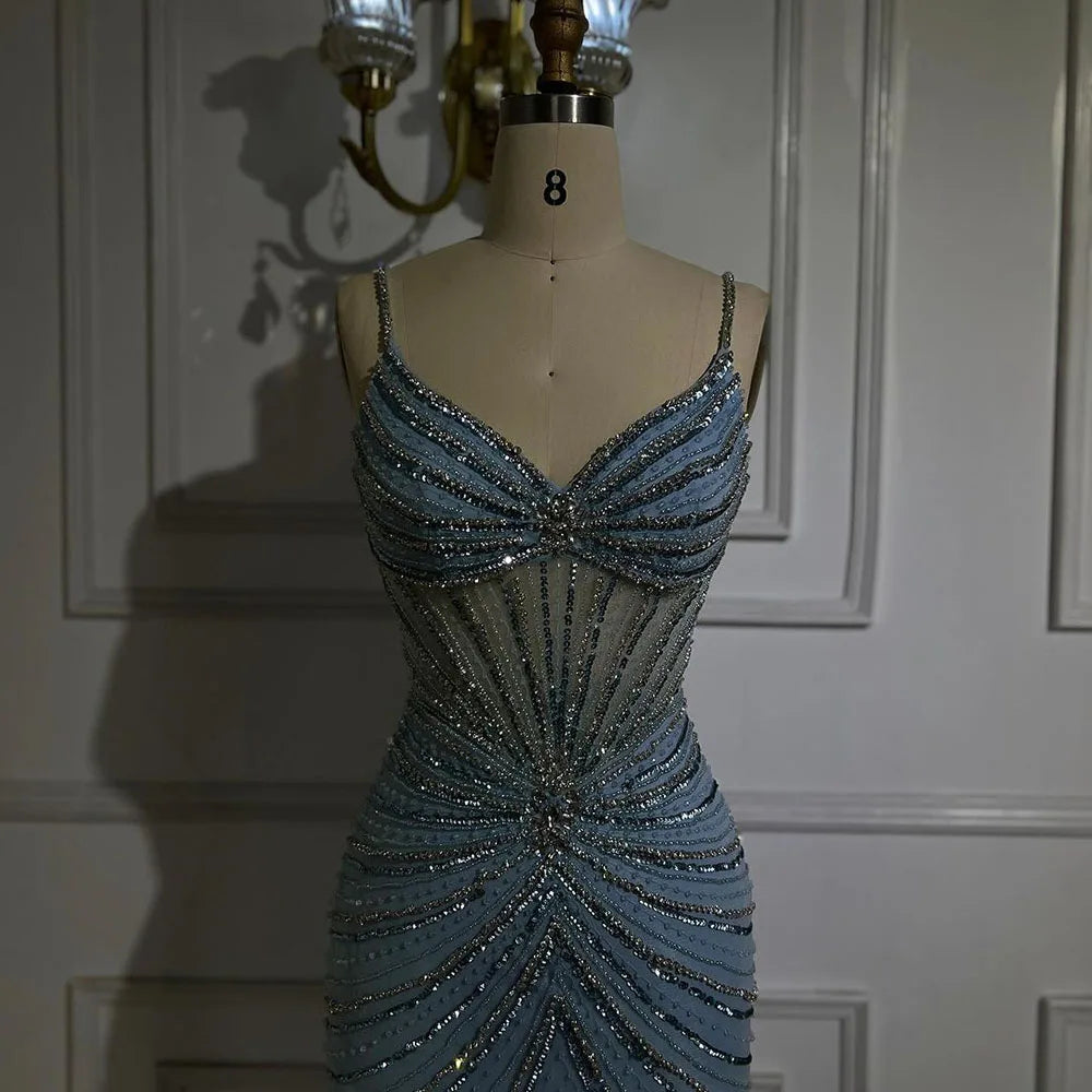 Elegant Dubai Blue Beaded Spaghetti Strap Mermaid Evening Gown with High Slit - Luxury Women's Formal Dress for Weddings, Galas & Red Carpet Events - Perfect for Prom, Cocktail Parties & Special Occasions