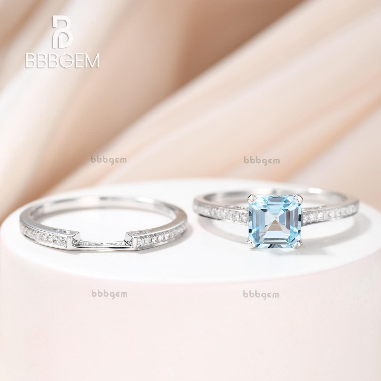 Exquisite Asscher Cut Aquamarine Engagement Ring Set in Solid 14K White Gold | Handmade Diamond Wedding Band & Stackable Ring | 6.5mm March Birthstone Jewelry | Perfect for Proposals, Anniversaries & Special Occasions