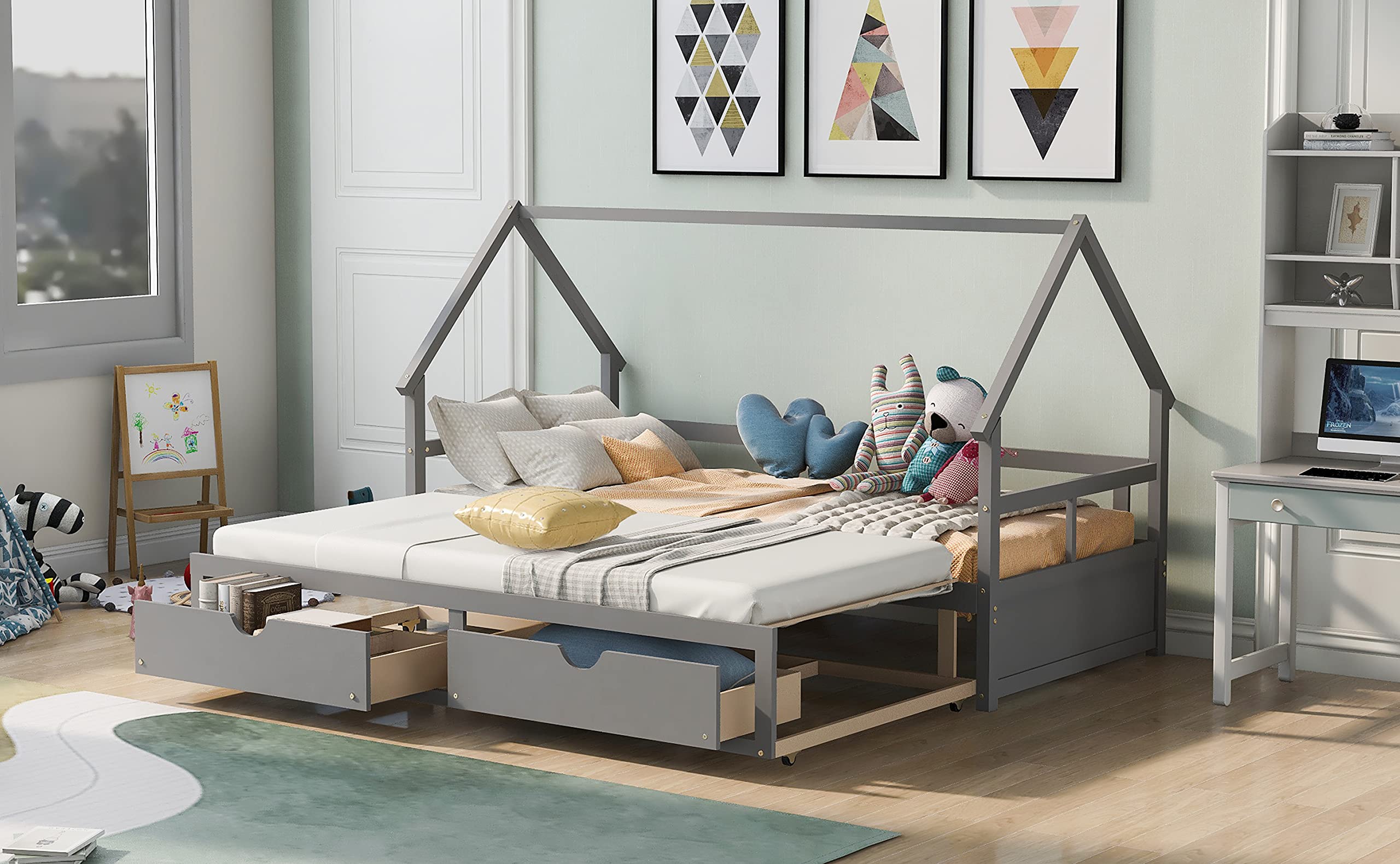 Wooden House-Shaped Daybed with Trundle & 2 Drawers - Kids & Teens Bed Frame with Roof - No Box Spring Needed - Gray - Perfect for Bedrooms, Playrooms & Sleepovers