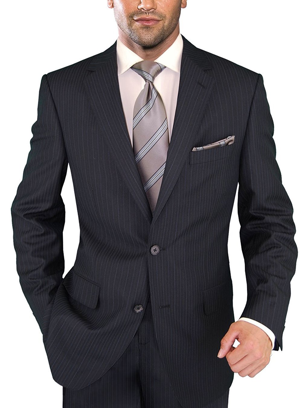 Salvatore Exte Men's Two-Button 2-Piece Suit Set with Jacket & Flat Front Pants - Classic Striped Business Attire for Office, Weddings & Formal Events
