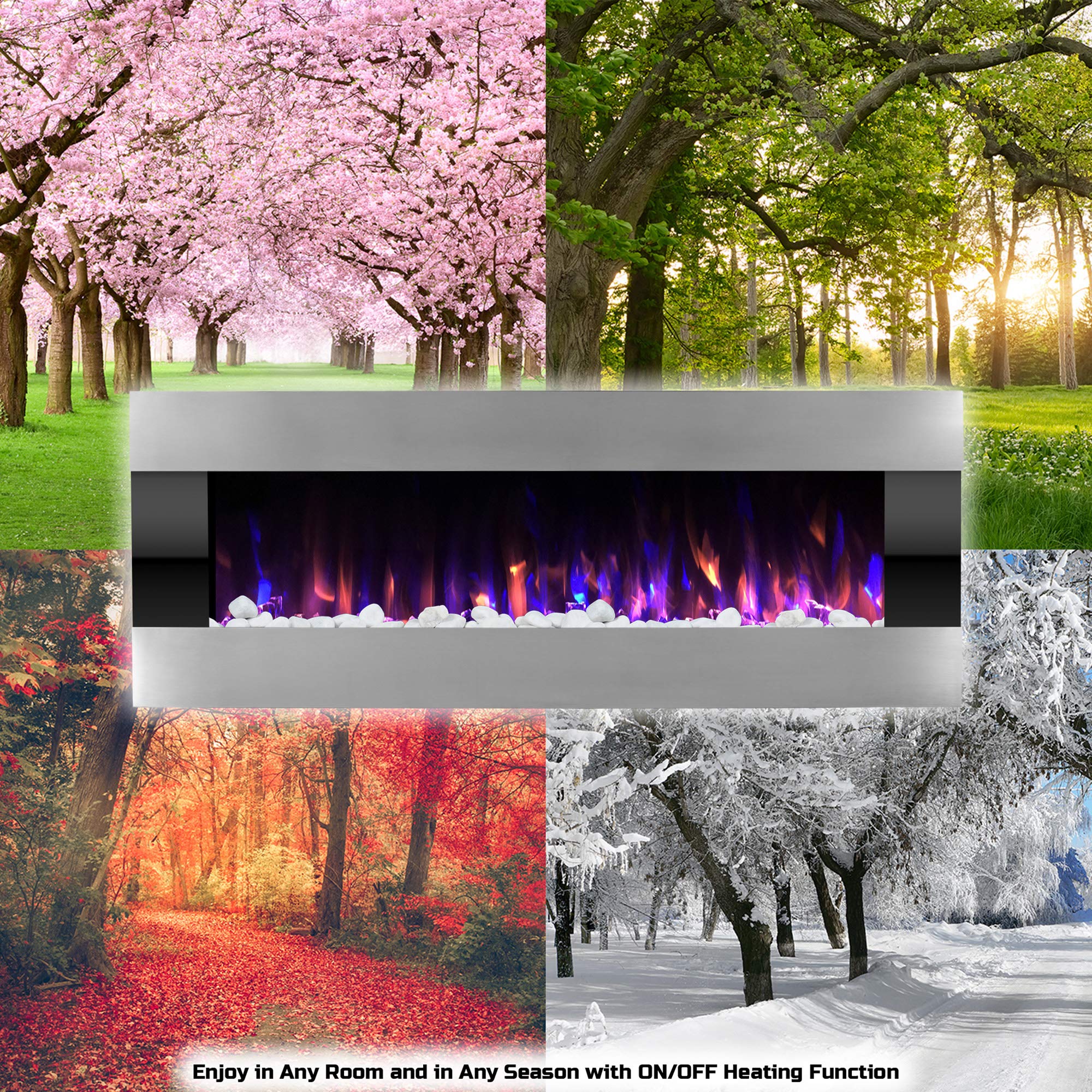 54 Inch Wall Mounted Electric Fireplace Heater - Adjustable LED Flame Colors, Remote Control, Timer & Thermostat - Perfect for Living Room, Bedroom & Office (Silver)