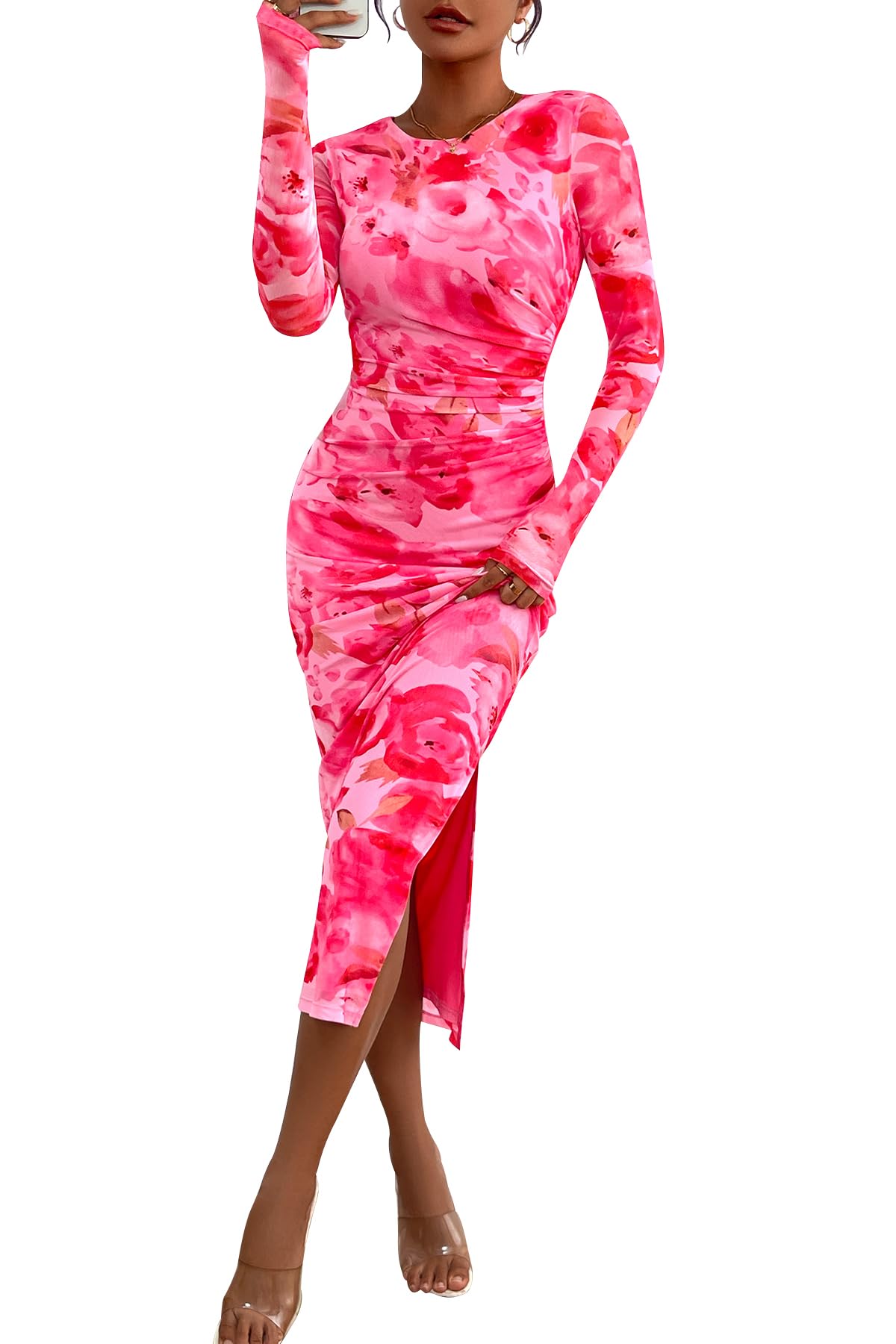 Elegant Floral Print Long Sleeve Bodycon Dress for Women - Ruched Cocktail Party & Wedding Guest Maxi Dress - Perfect for Evening Events, Date Nights & Special Occasions