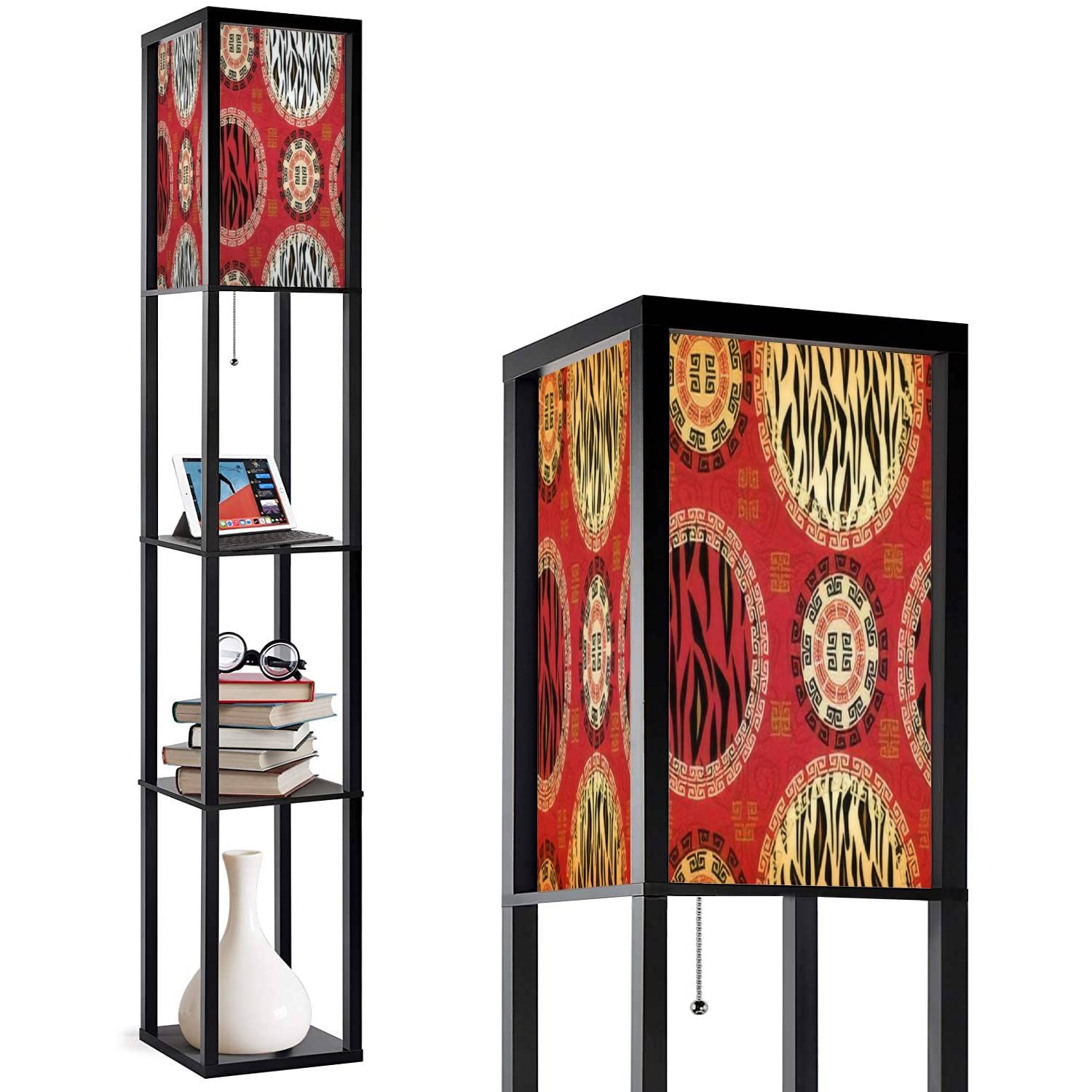 African Style Corner Floor Lamp with Shelves - 3 Color Temperature LED Standing Lamp with Linen Shade - Wild Animal Print Design for Living Room, Bedroom & Office Lighting Decor