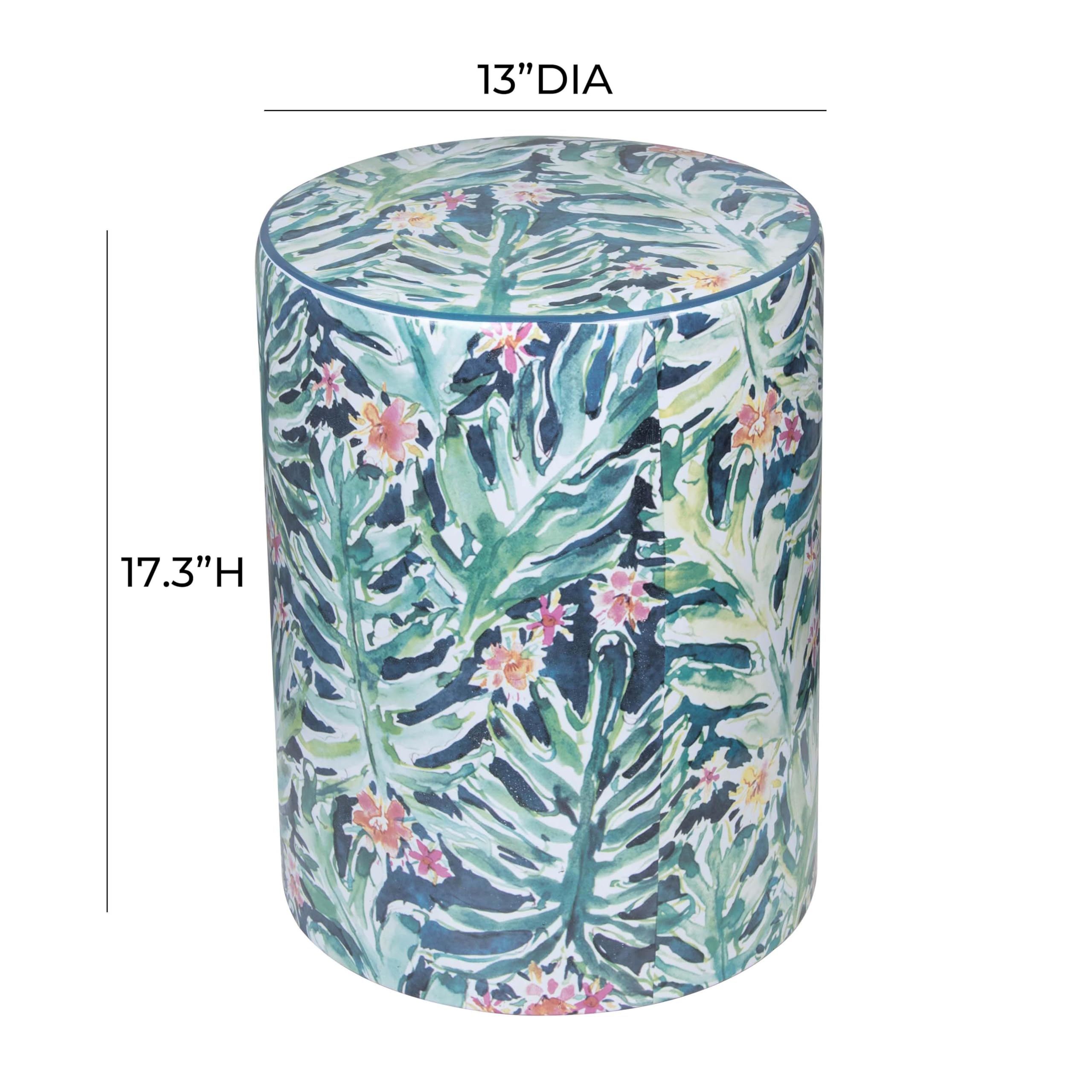 Tov Furniture Taurus Ceramic Stool with Garden Print - Decorative Outdoor & Indoor Accent Stool for Patio, Garden, Living Room, or Entryway