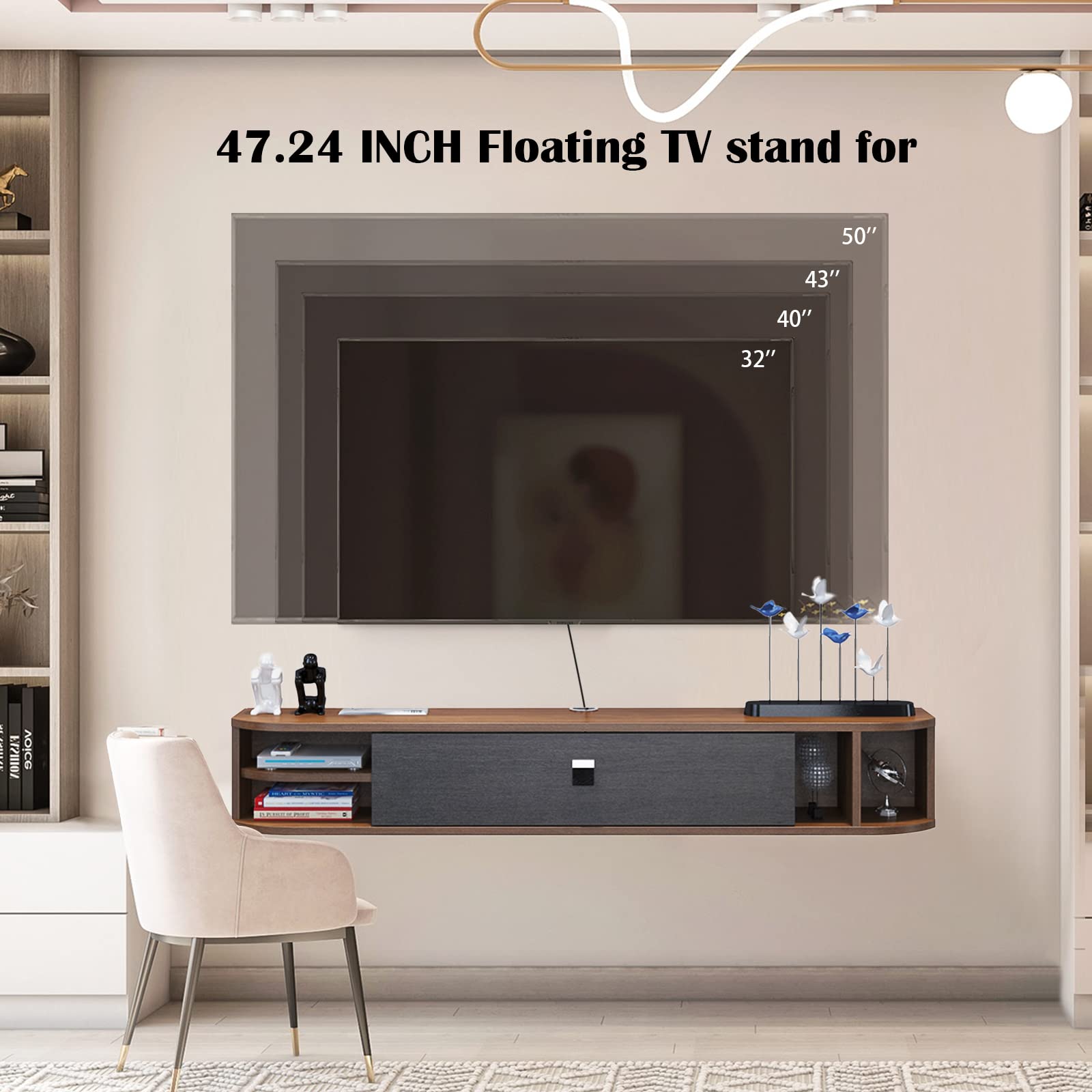 Modern TV Stand with Storage Shelves - 47 Inch Wall Mounted TV Console for Living Room & Bedroom - Walnut Finish - Perfect for Organizing Media Devices & Home Decor