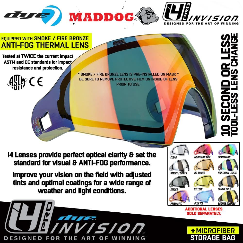 Maddog Dye I4 PRO Thermal Dual-Pane Anti-Fog Lens Paintball Airsoft Mask Goggle System Combo with Microfiber Storage Bag - Perfect for Outdoor Sports, Airsoft Battles & Paintball Games