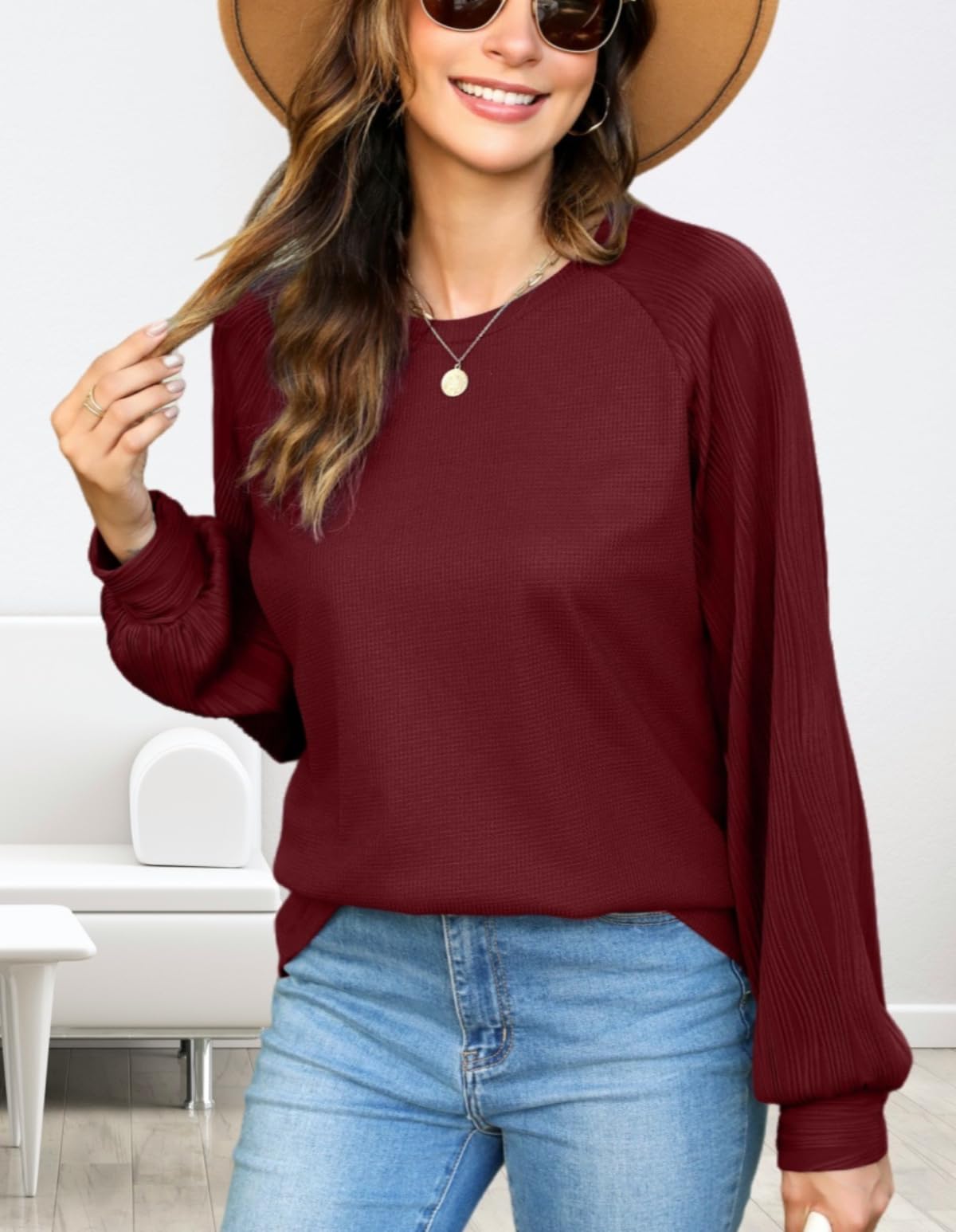 CiCiBird Women's Casual Long Sleeve Waffle Knit Blouse - Fall Fashion Loose Fit Tops for Work & Office Wear | Perfect for Business Casual, Date Night & Autumn Layering