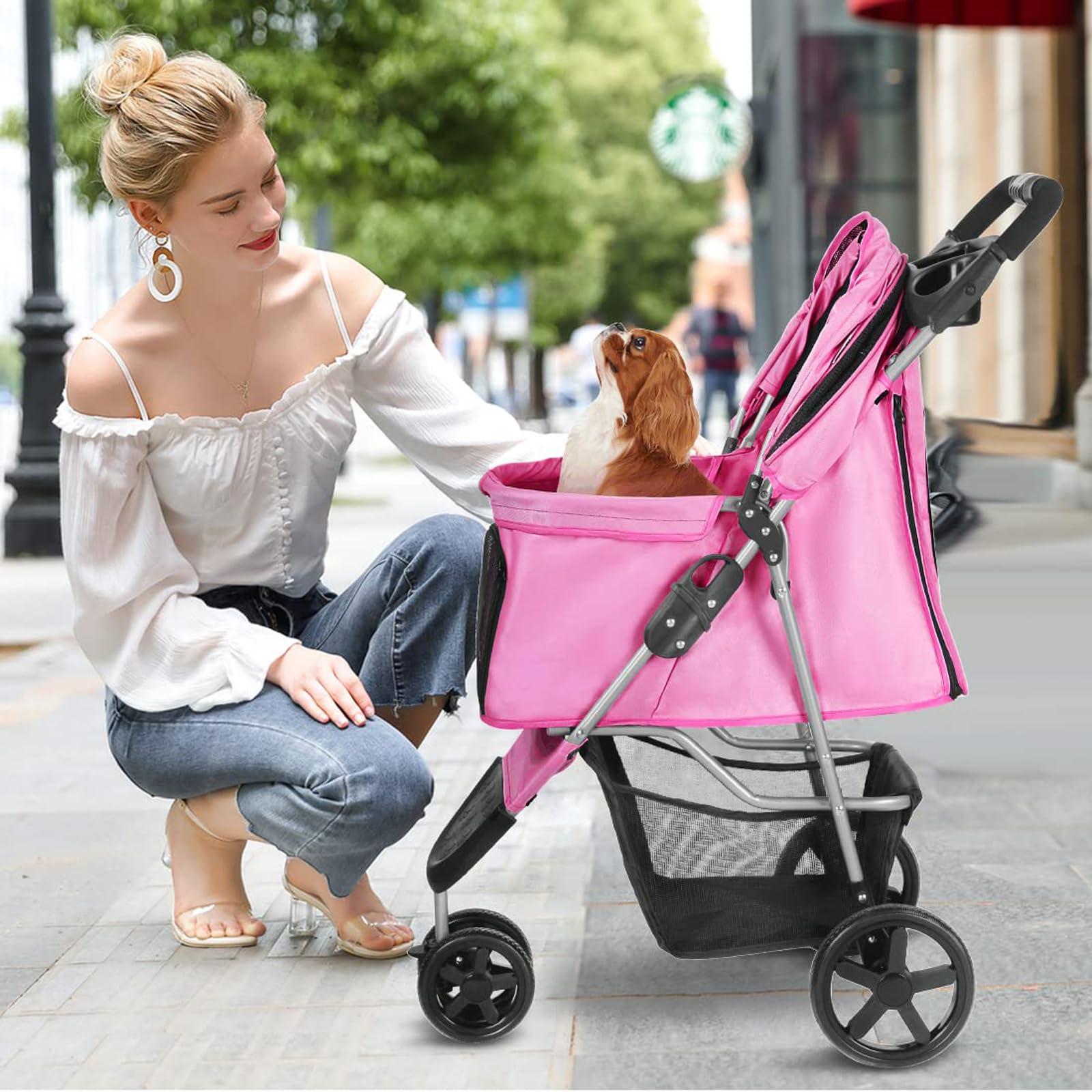 Premium 3-Wheel Pink Pet Stroller for Small Dogs & Cats - Lightweight Folding Design with Storage Basket & Cup Holder - Perfect for Jogging, Shopping & Outdoor Adventures