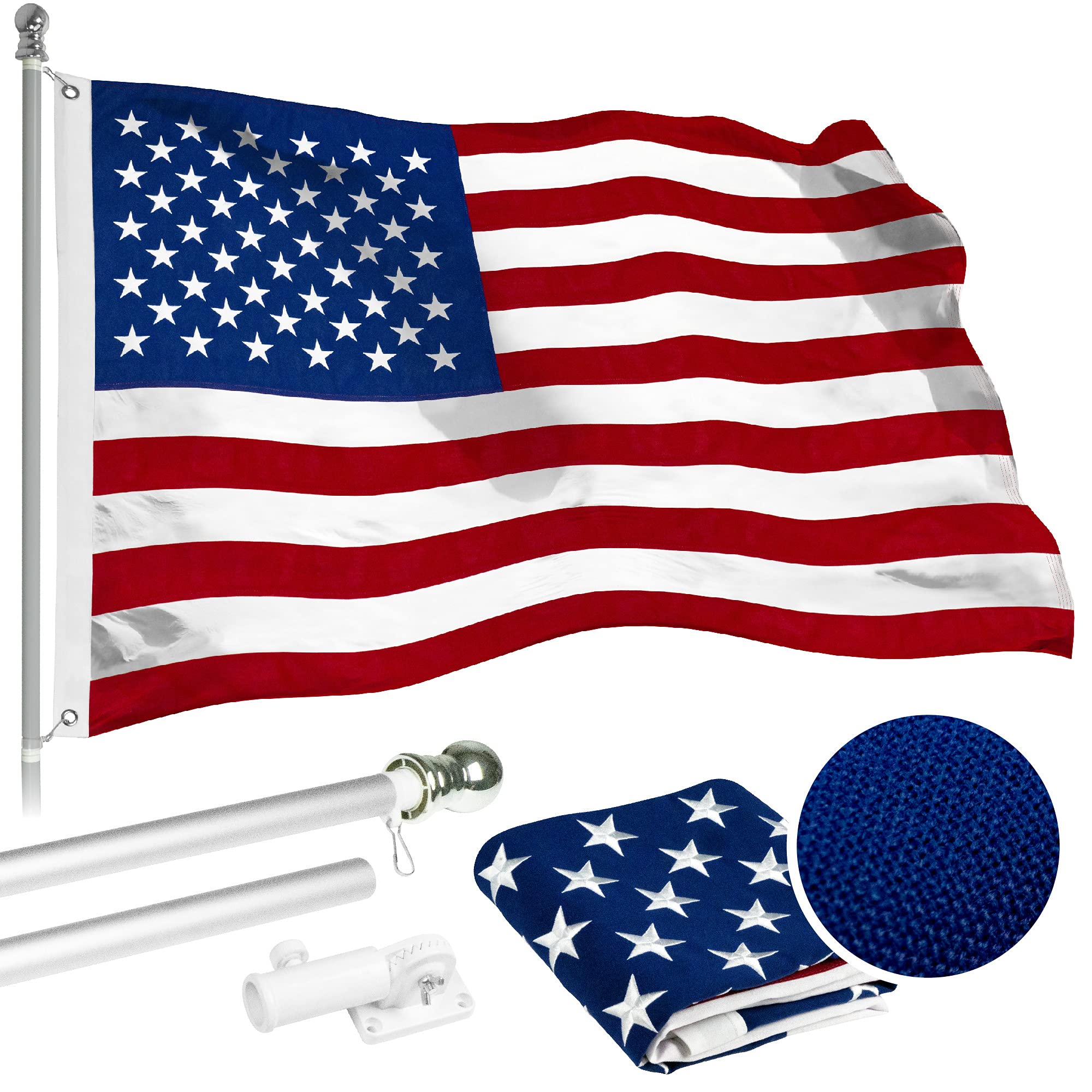 5 Feet Spinning Flagpole (Silver) - Heavy Duty Aluminum Flag Pole with Brass Grommets - Includes 2.5x4 ft American Flag - Made of Durable Spun Polyester - Perfect for Front Yard, Garden, or Patriotic Events