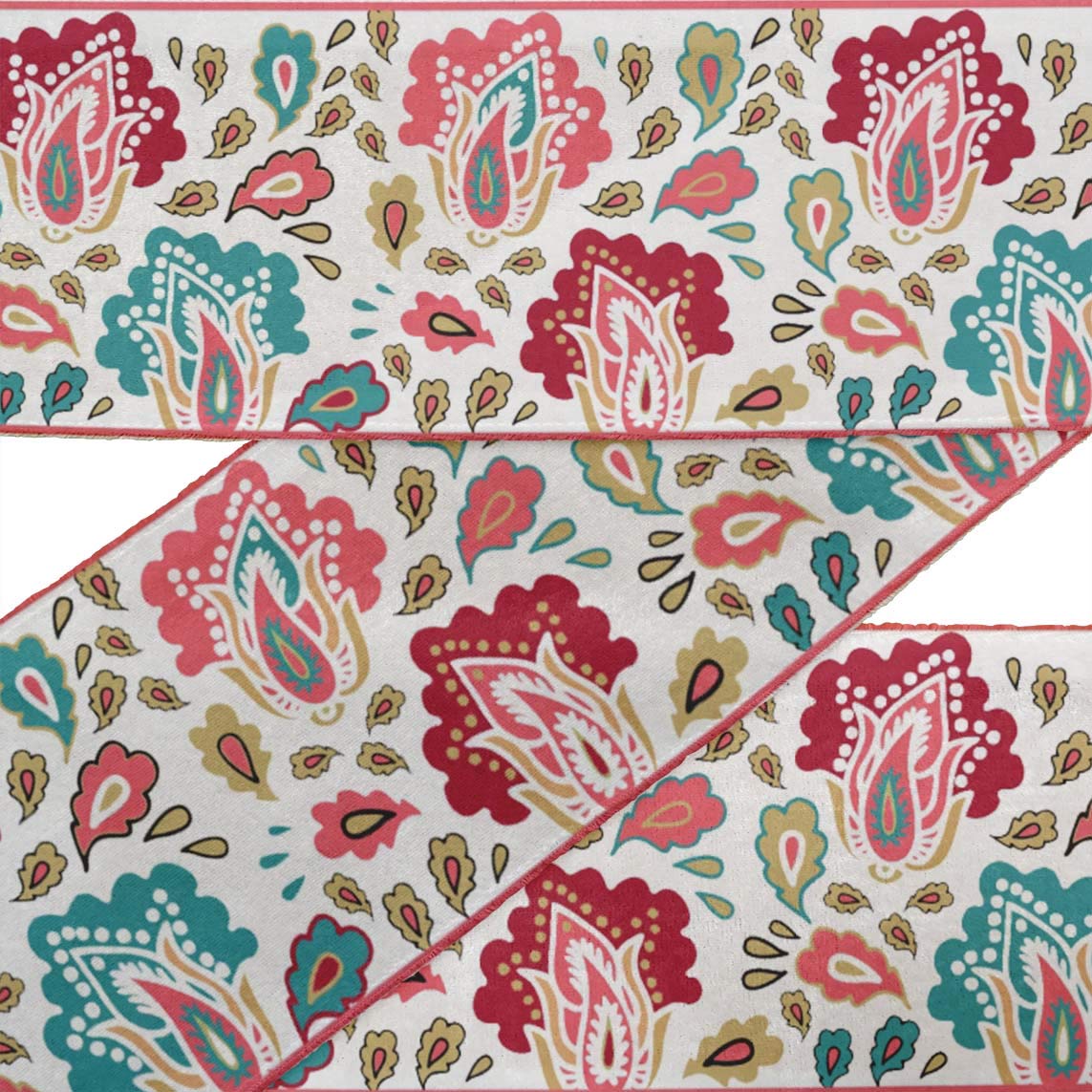 White Leaves & Floral Printed Velvet Trim Fabric - 9 Yards x 4 Inches Sewing Border Ribbon for DIY Crafts, Home Decor, Wedding Dress Embellishments & Costume Accessories