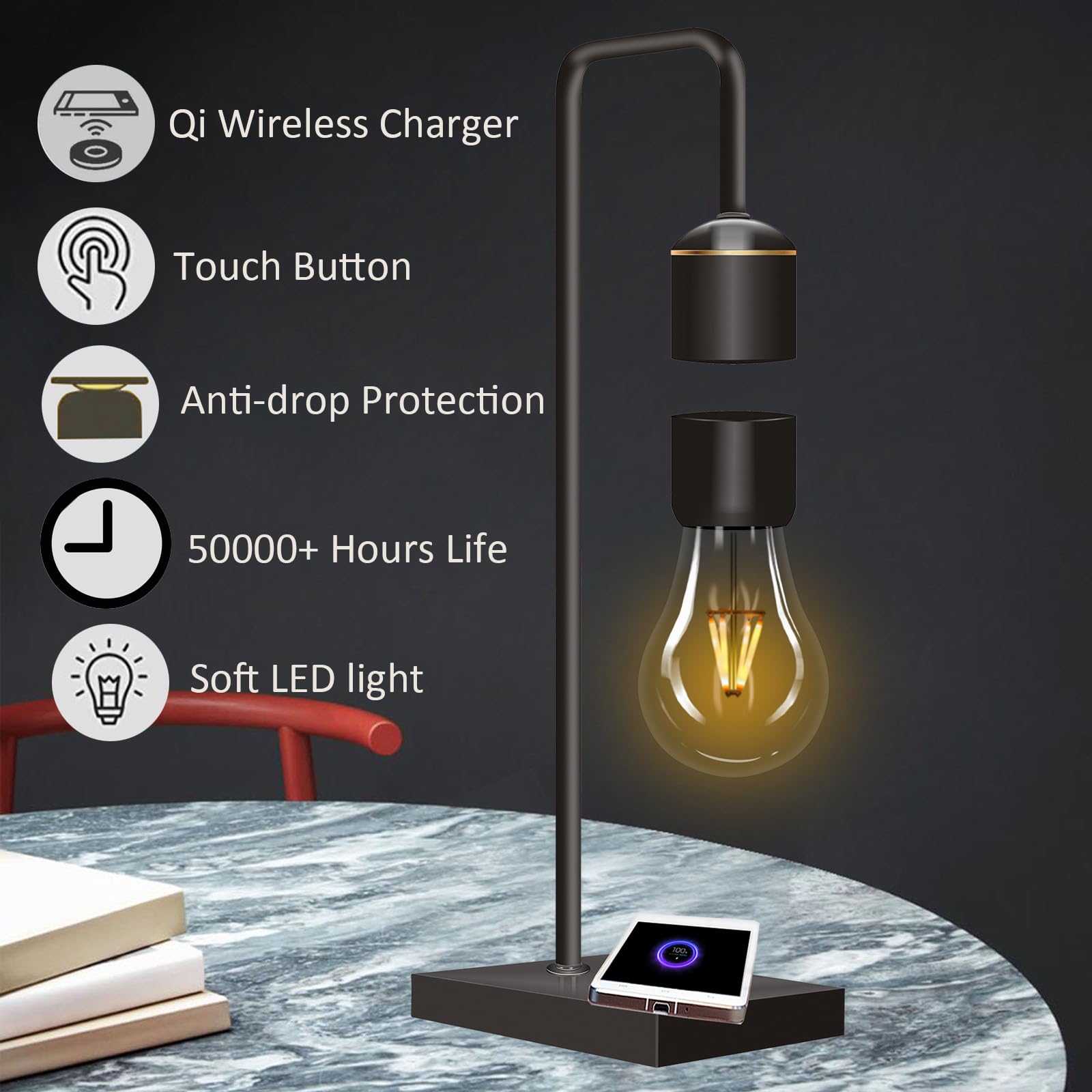 Magnetic Levitating Light Bulb with Wireless Charging - Floating LED Desk Lamp for Bedroom, Office & Night Light | Compatible with iPhone & Android | Modern Home Decor & Unique Gift Idea