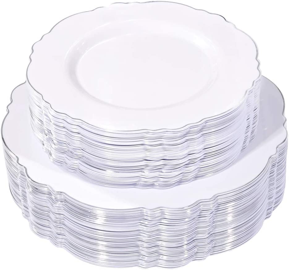 100-Pack Silver Plastic Plates & 90-Piece Silver Plastic Cutlery Set - Elegant Disposable Dinnerware for Parties, Weddings, and Events