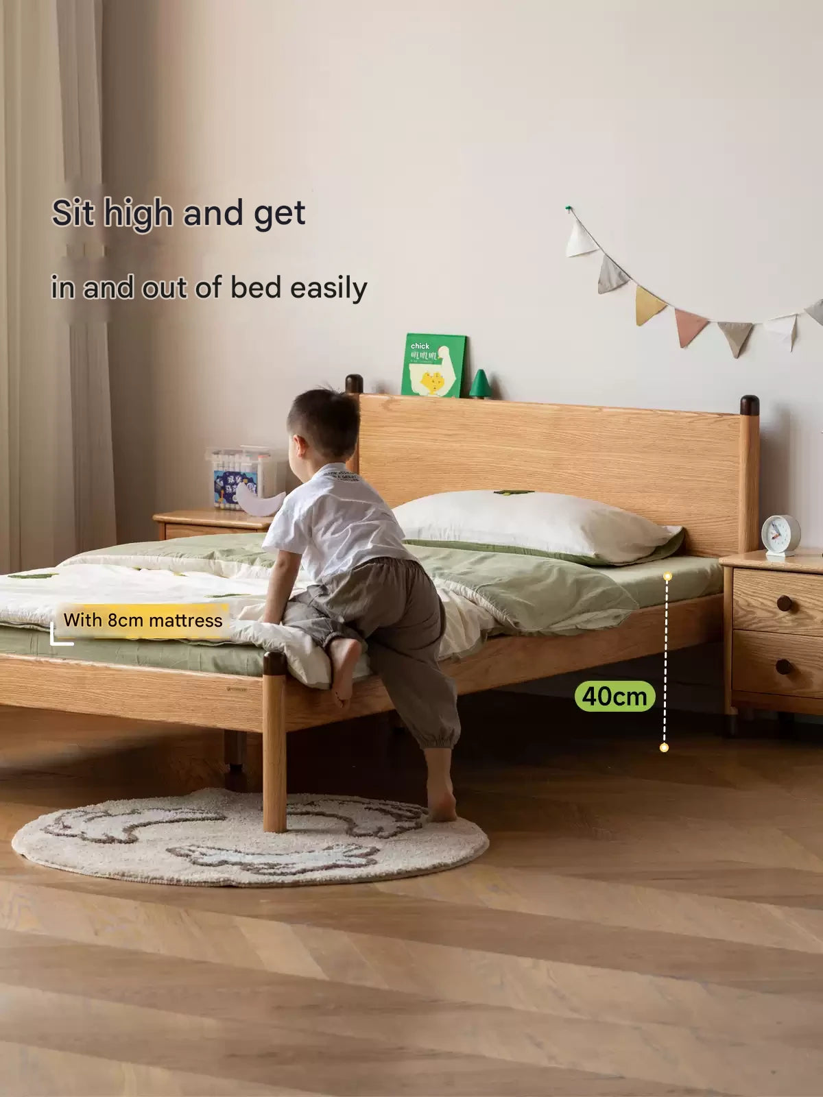 Solid Oak Wood Kids Bed - Sturdy & Safe Children's Bedroom Furniture for Toddlers & Teens - Perfect for Bedrooms, Daycare, and Guest Rooms