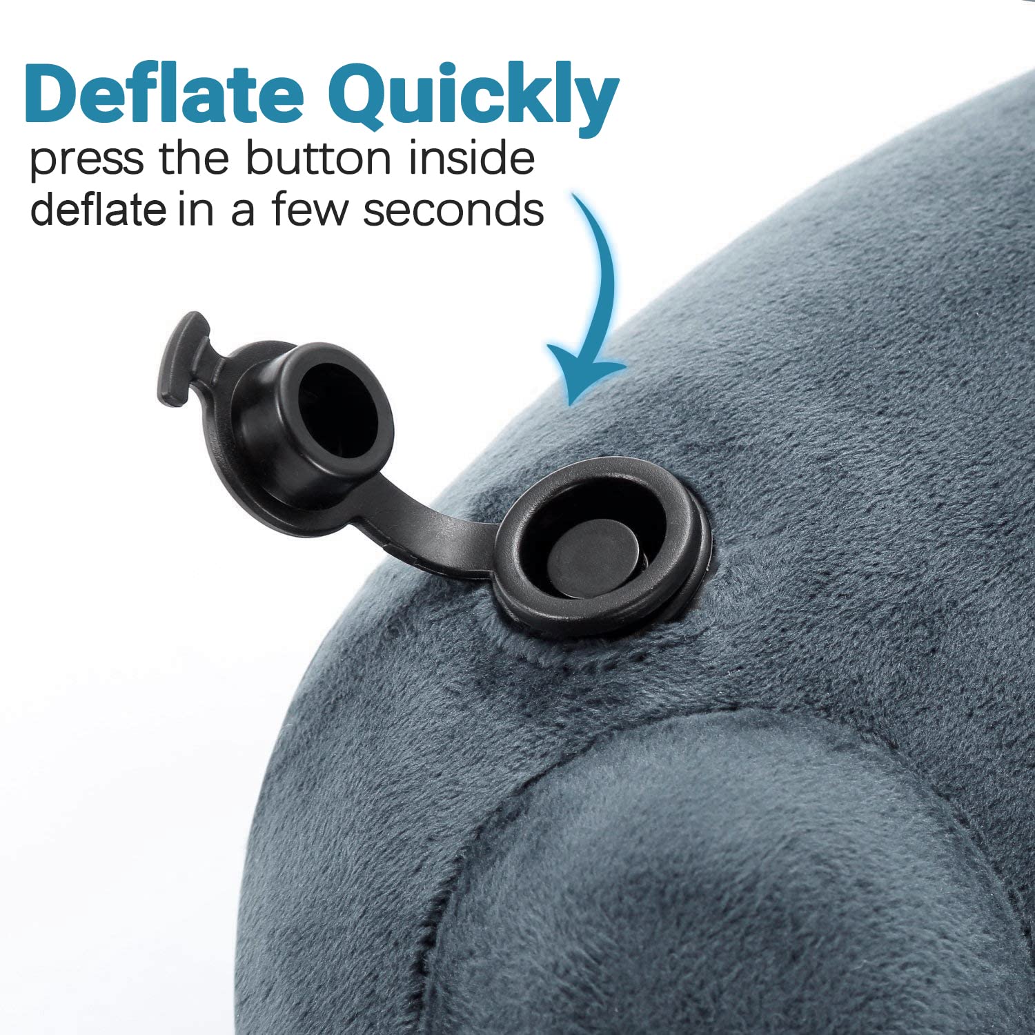 Comfortable Inflatable Travel Neck Pillow with Washable Breathable Cover - Portable Small Size for Airplane, Car & Camping - Soft Grey Pillow P12