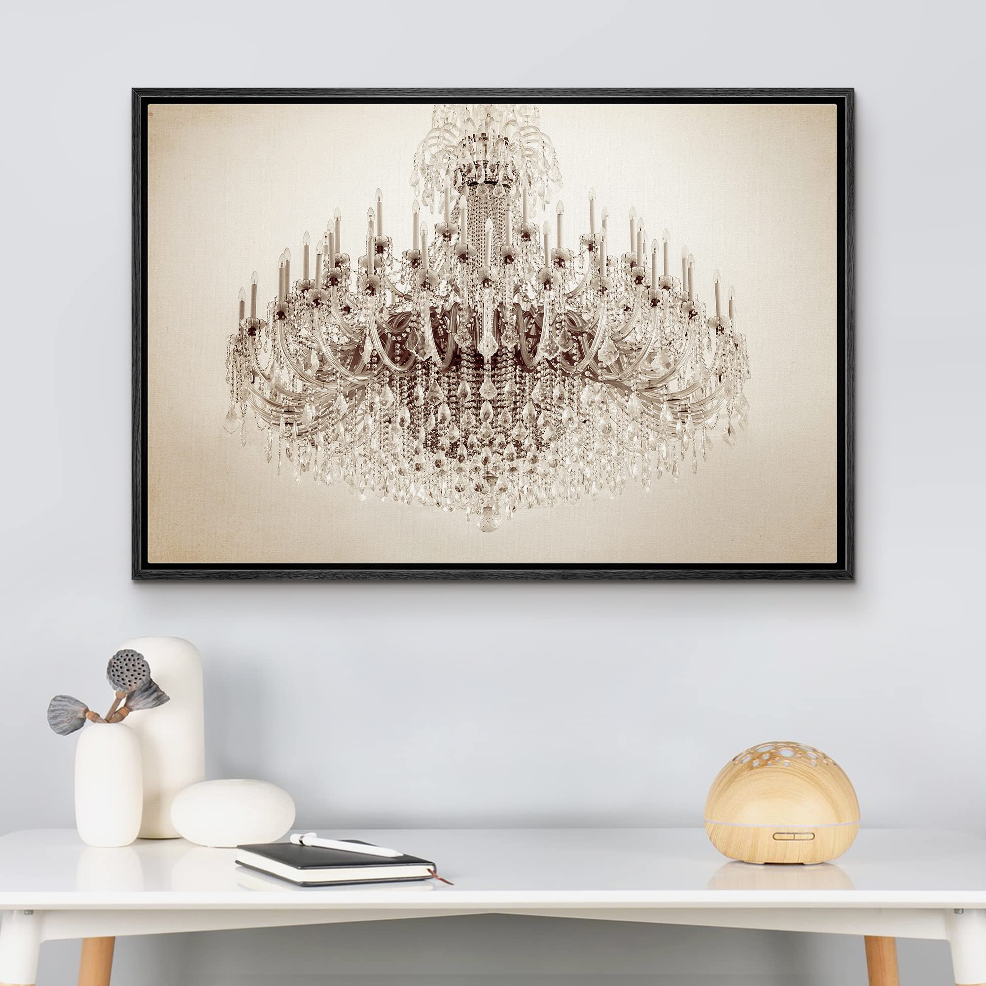 Wall26 Framed Canvas Print - Victorian White Crystal Chandelier Wall Art, Digital Realism Decor for Living Room, Bedroom, Office - 24x36 Inch Black Frame | Elegant Home Decor & Relaxing Atmosphere