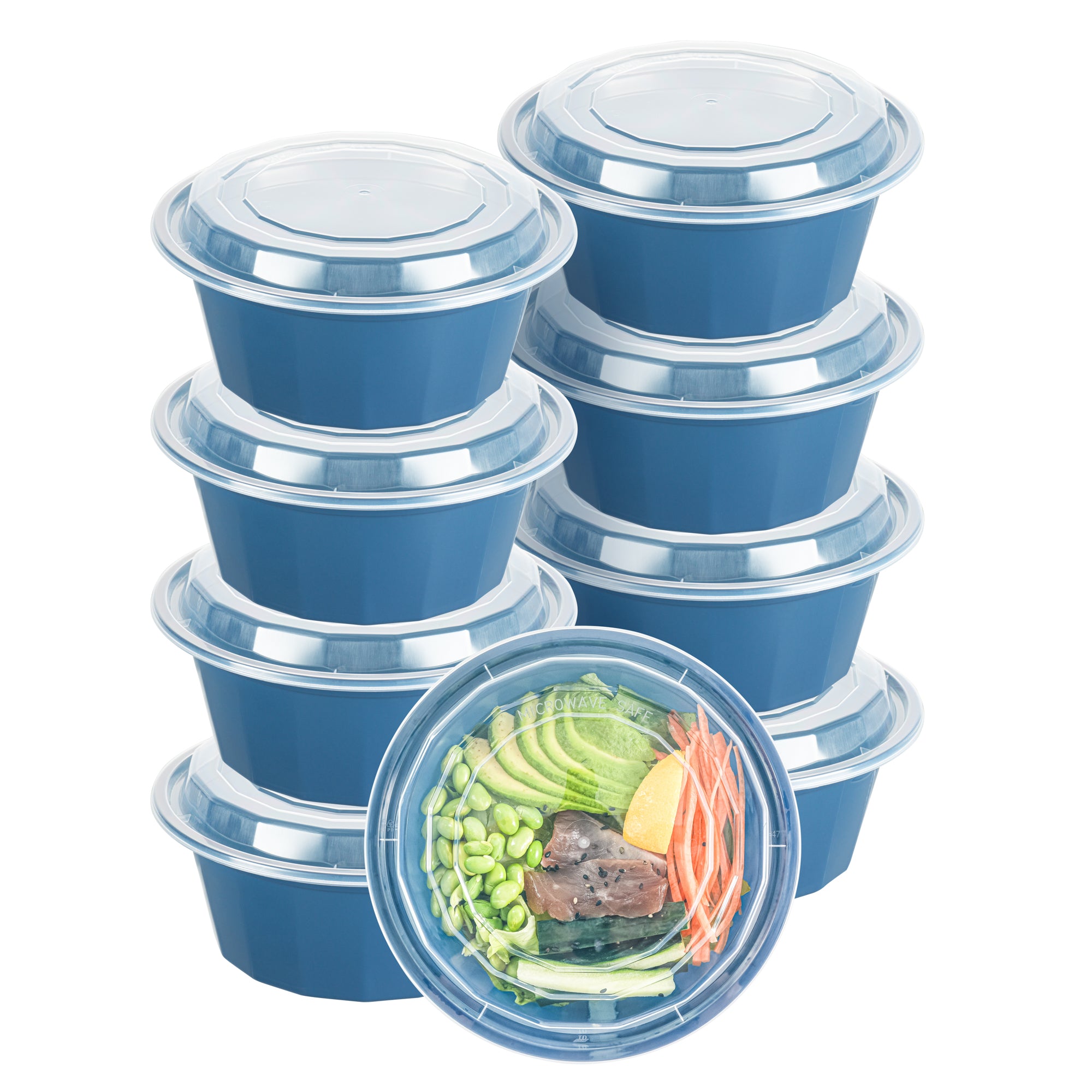 32 oz Round Midnight Blue Plastic Food Storage Containers with Clear Lids - Microwave Safe, BPA Free (100-Pack, 7.25