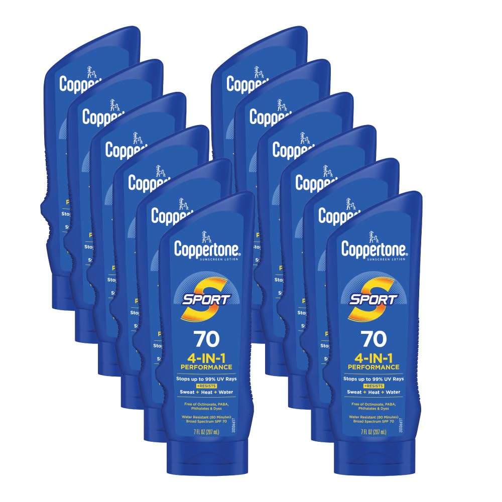 Coppertone SPORT SPF 70 Sunscreen Lotion - Water Resistant, Broad Spectrum UVA/UVB Protection - 7 Fl Oz (Pack of 12) - Ideal for Swimming, Outdoor Sports & Beach Activities