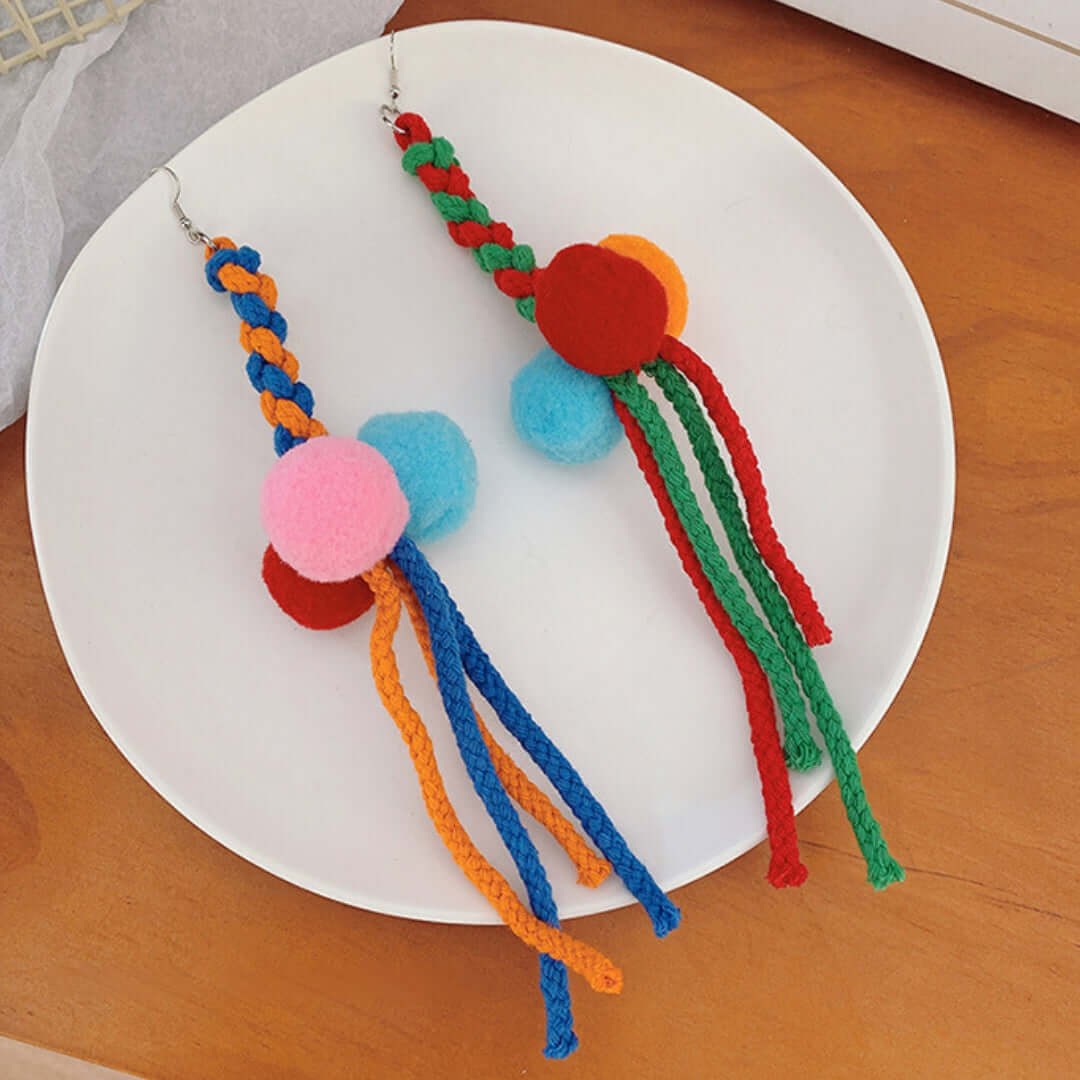 Rainbow Knit Tassel Drop Earrings for Women | Long Bohemian Dangle Earrings | Handmade Yarn Statement Jewelry | Perfect for Festivals, Parties, and Boho Fashion Accessories