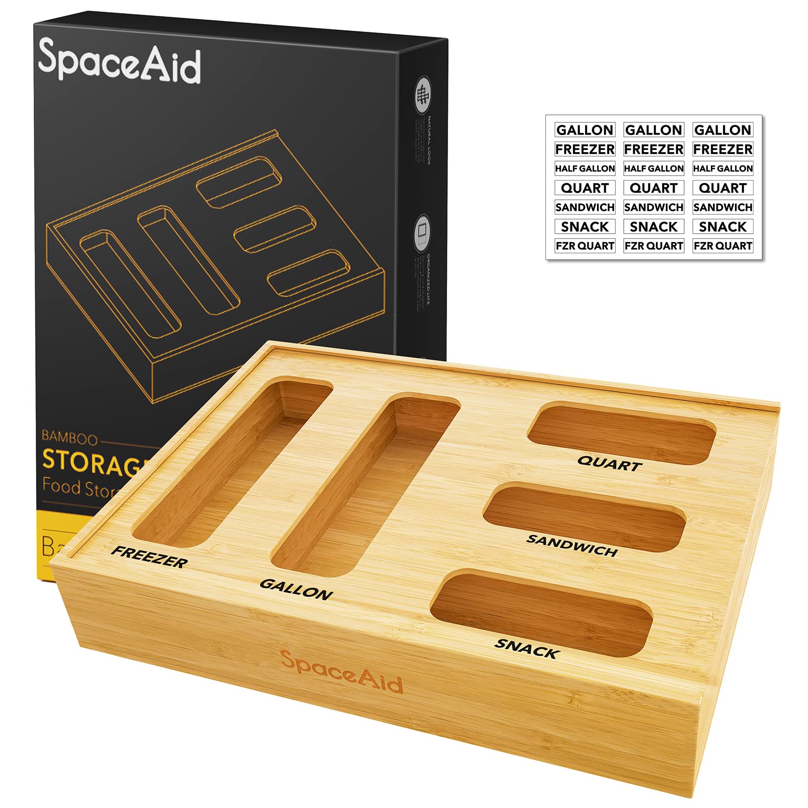 SpaceAid Bamboo Drawer Organizer for Kitchen - 5-Slot Storage Box for Gallon, Quart, Sandwich & Snack Bags | Perfect for Pantry Organization & Food Storage