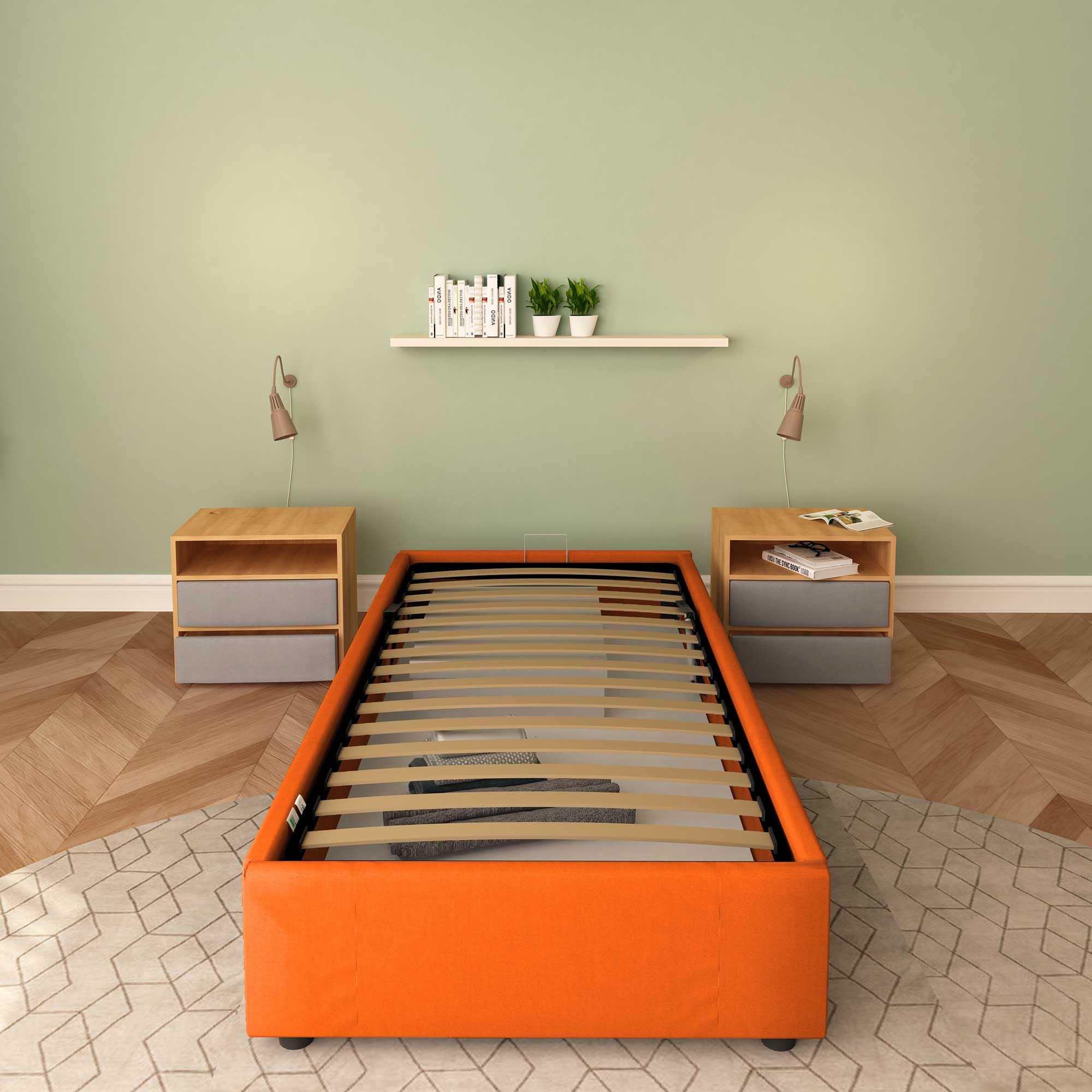 Baldiflex Cloe Square and Half Bed with Storage Container, Fabric Frame, No Headboard, Slatted Base for Mattresses, 100 x 200 cm, Orange - Perfect for Small Bedrooms, Guest Rooms & Studio Apartments