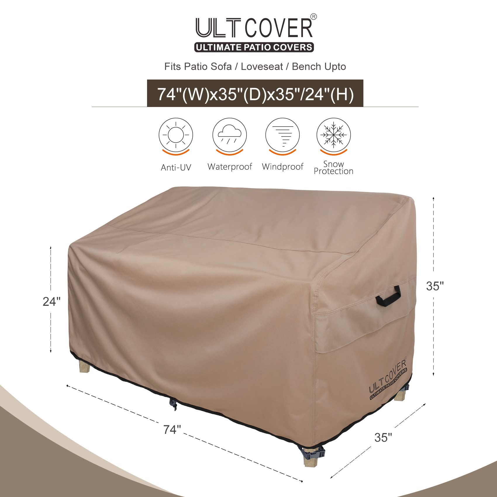 ULTCOVER Waterproof 3-Seater Patio Sofa Cover 74W x 35D x 35H Inch - Outdoor Furniture Protector for Rain, Sun & Snow - Perfect for Deck, Garden & Backyard