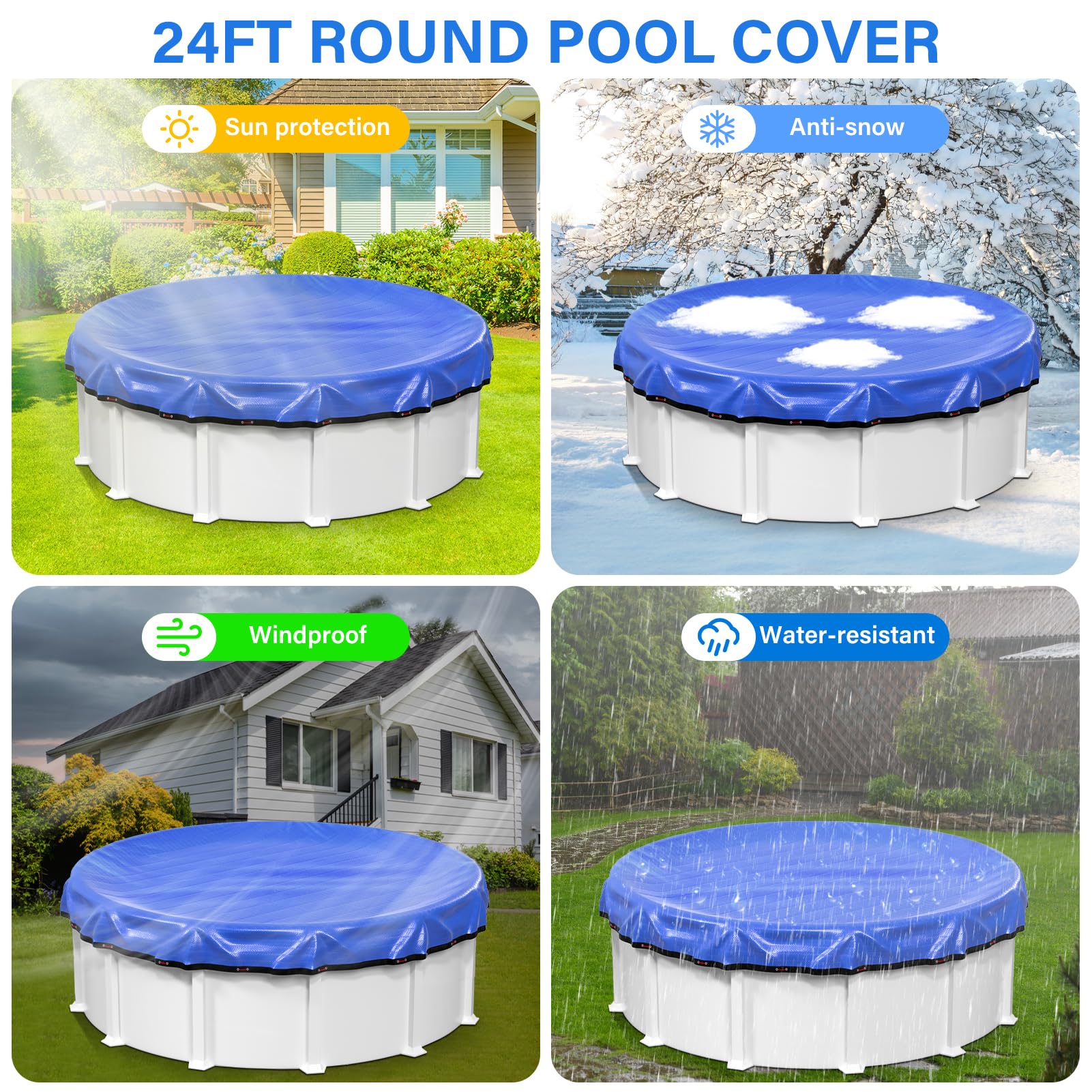 24FT Round Winter Pool Cover 420D Extra Thick Above Ground Pool Cover with Winch & Cable - Heavy Duty Cold Weather Protection for Inground Pools, Royal Blue - Perfect for Winterizing and Protecting Your Pool from Debris, Ice, and Snow