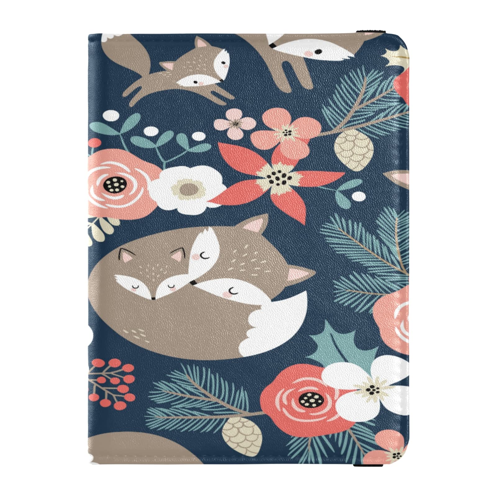 Cute Fox Family & Flowers Dark Blue Passport Holder & Vaccine Card Combo - Travel Wallet for Women & Men | Perfect for Airports, Vacations & International Trips