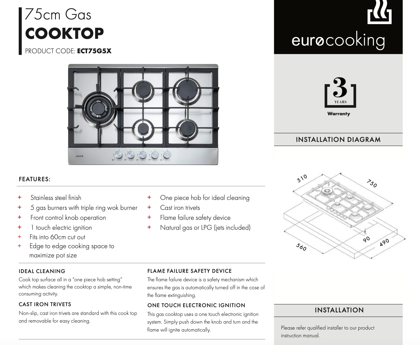 Euro Appliances ECT75G5X 75cm Stainless Steel Gas Cooktop - 5 Burner Professional Gas Stove for Home Kitchen, Perfect for Boiling, Frying & Simmering