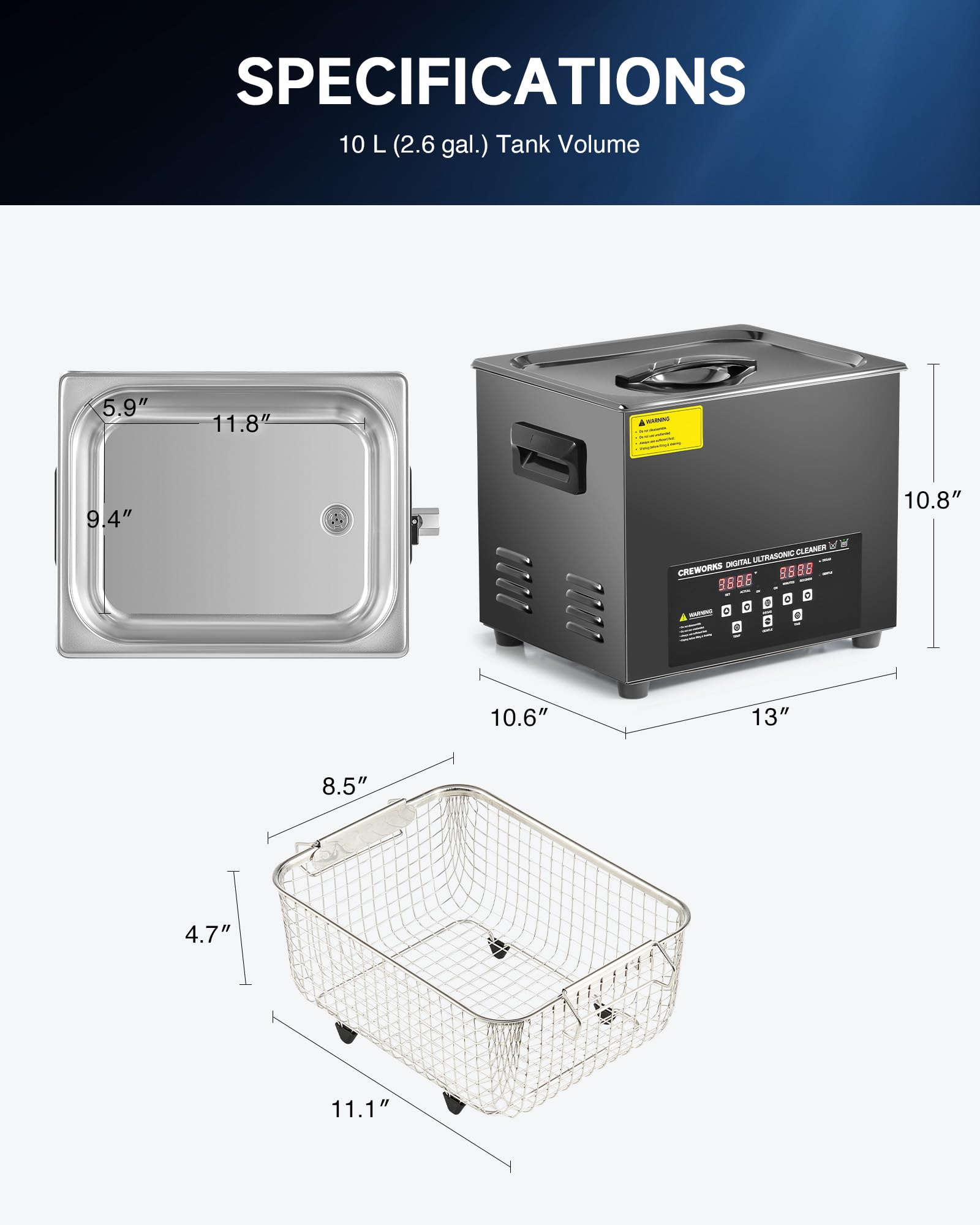 CREWORKS 10L Digital Ultrasonic Cleaner with Heater, Timer, Degas & Gentle Mode - 240W Professional Ultrasonic Cleaning Machine for Jewelry, Watches, Retainers, Auto Parts & Tools (2.6 Gallon Capacity) - Perfect for Home, Dental Clinics & Repair Shops
