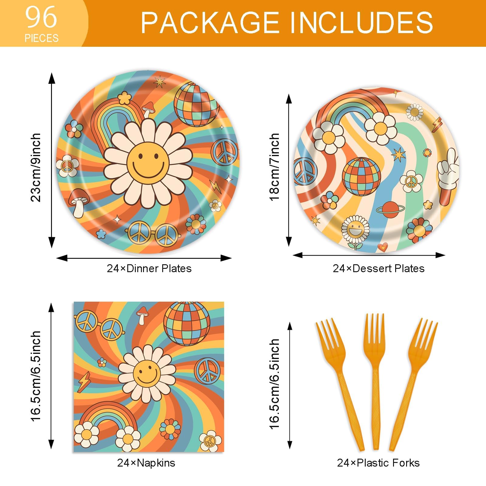 96-Piece Groovy Hippie 70s Party Supplies Kit - Boho Flower Rainbow Disposable Tableware Set with Plates, Napkins & Forks - Retro Daisy Birthday Party Decorations & Favors - Perfect for 70s Theme Parties, Boho Baby Showers, and Hippie Birthday Celebrations (Serves 24)