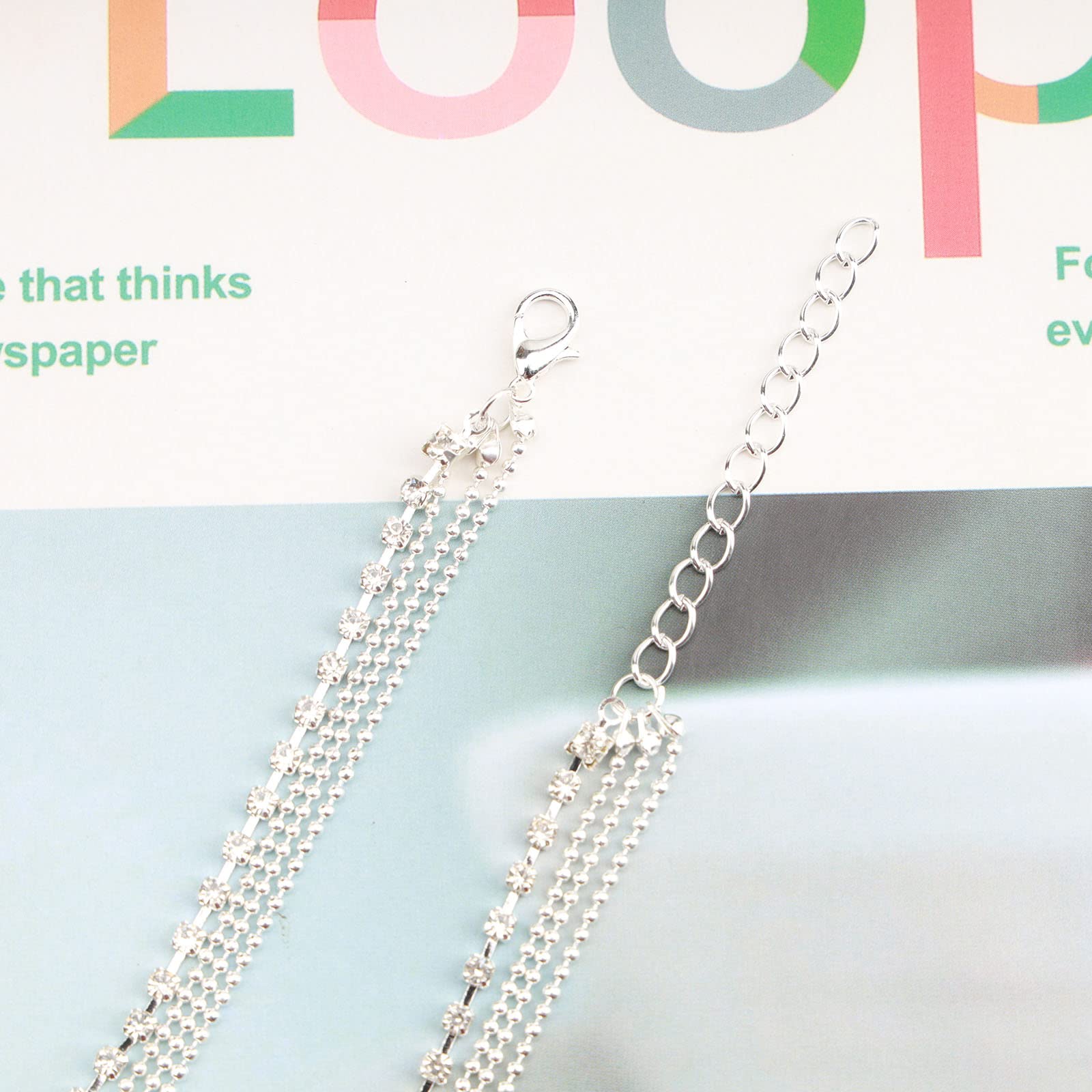 Boho Layered Rhinestone Anklet - Silver Diamond Crystal Ankle Bracelet for Women | Summer Wedding, Beach Party, Boho Festival Jewelry | Barefoot Sandals & Beaded Foot Chain Accessories