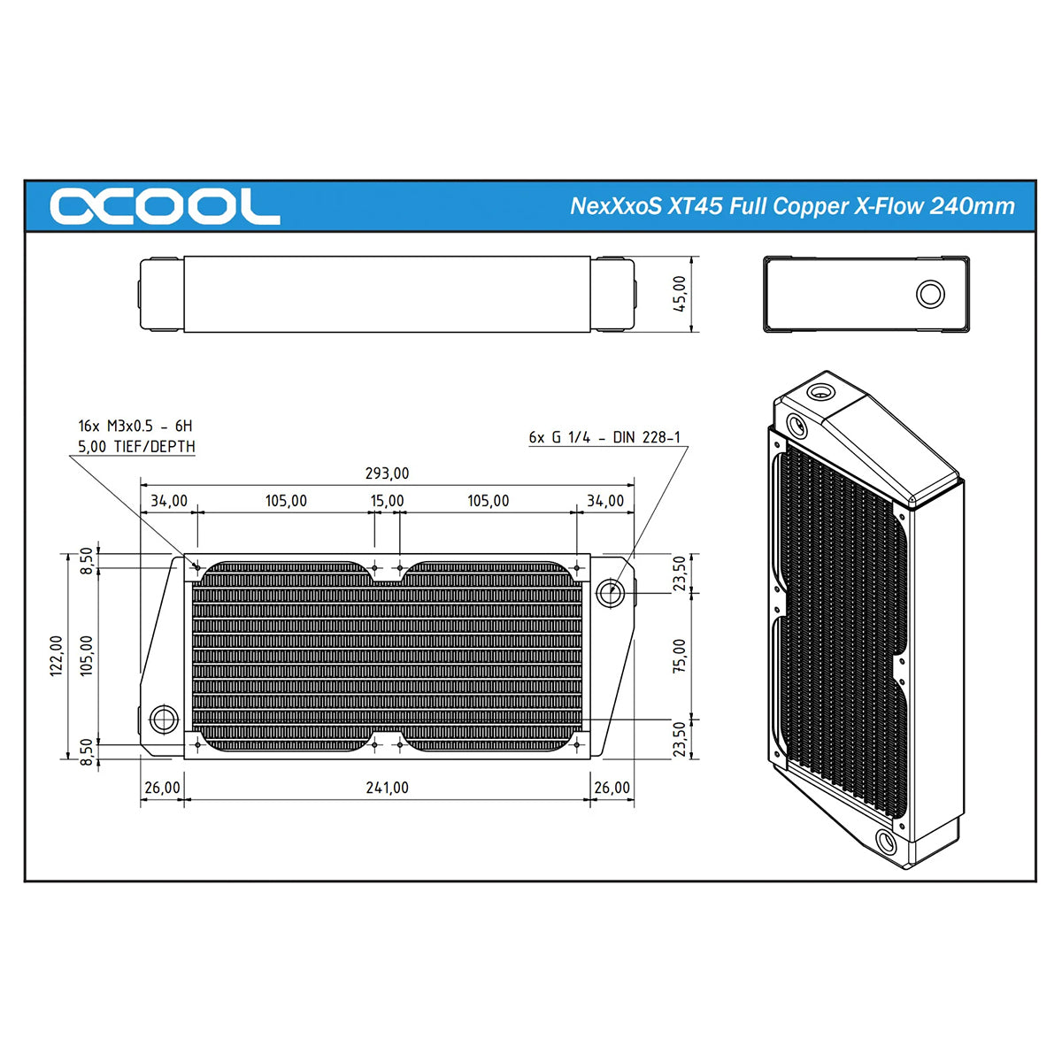 Alphacool NexXxoS XT45 240mm X-Flow Full Copper Radiator - High Performance PC Water Cooling for Gaming Rigs & Workstations