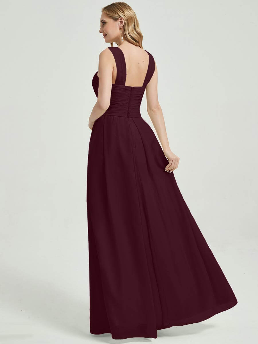 Elegant Burgundy V-Neck Pleated A-Line Floor-Length Chiffon Bridesmaid Dress for Weddings, Formal Events & Special Occasions