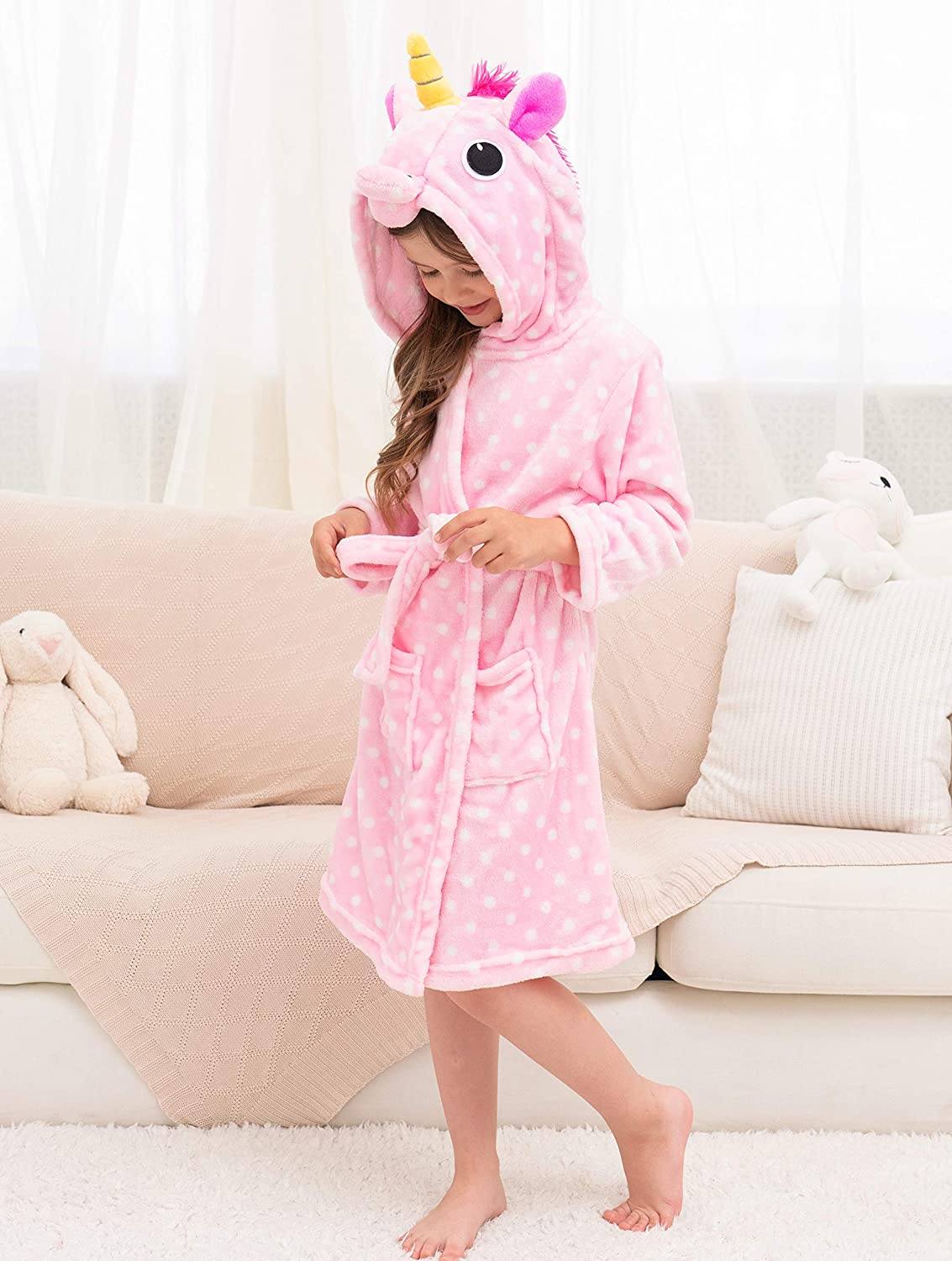 Soft & Cozy Unicorn Dots Bathrobe for Women & Girls - Plush Fleece Robe with Hood for Spa, Lounge & Relaxation at Home
