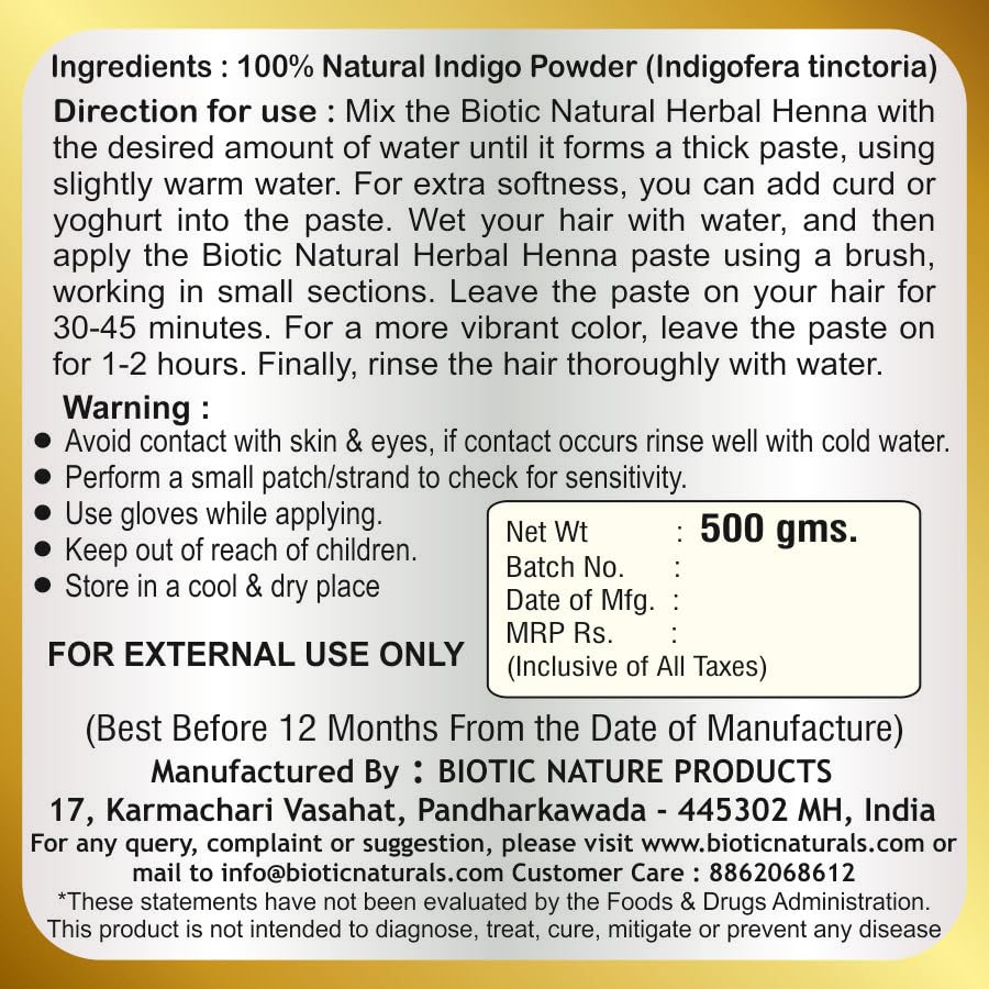 Organic Herbal Indigo Powder for Natural Hair Dye - 100% Pure Plant-Based Black & Brown Hair Color for Men & Women (500g) - Safe Chemical-Free Alternative for Gray Coverage & Henna Blends