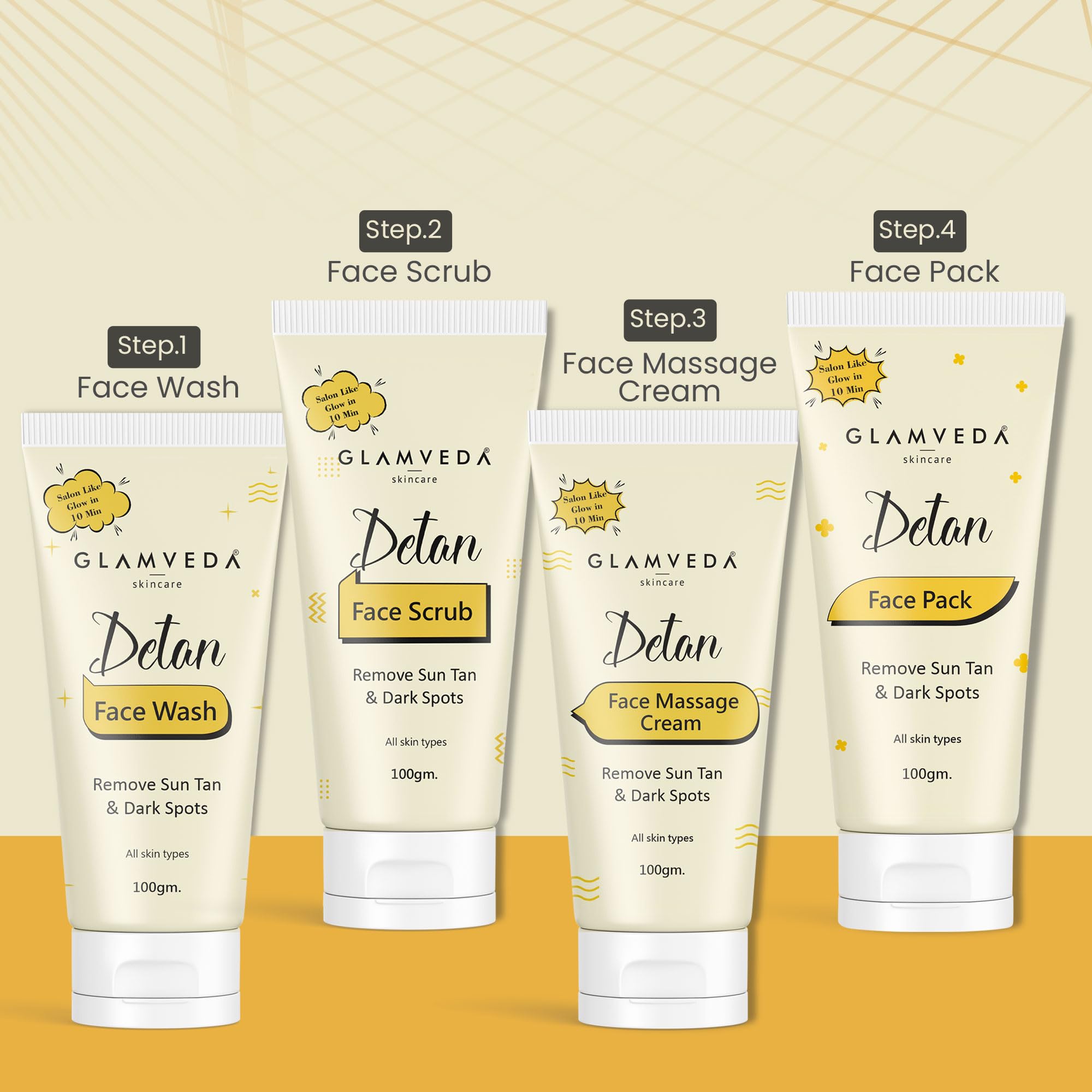 Glamveda Detan Face Wash - Gel to Foam Cleanser for Tan Removal & Pigmentation Control | Paraben & SLS Free | 100gm | Brightening Facial Cleanser for Daily Skincare Routine & Sun-Damaged Skin